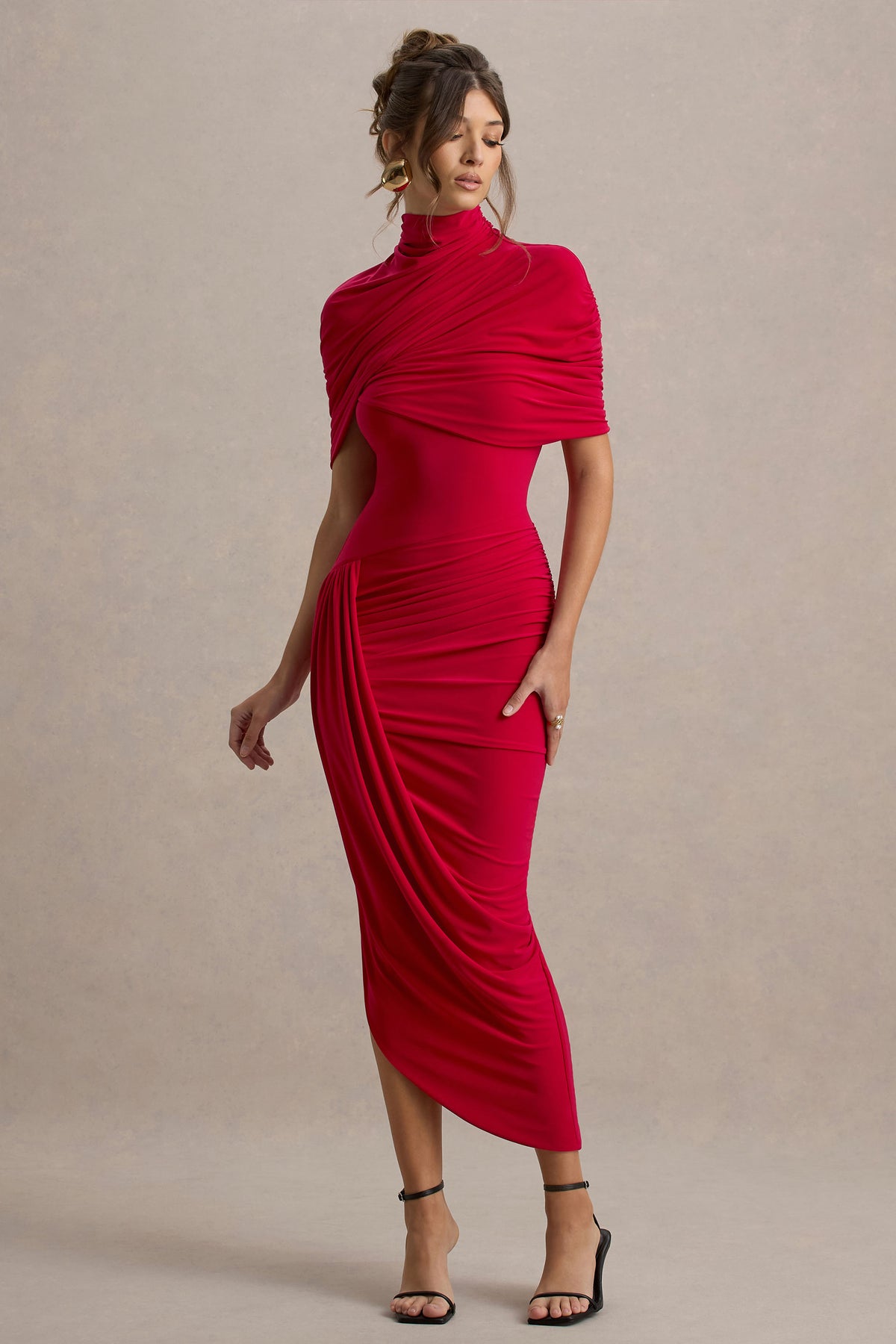 Enchant | Red Asymmetric Twisted Cape Midi Dress - UK 12 Red Enchant | Red Asymmetric Twisted Cape Midi Dress - UK 12 Red