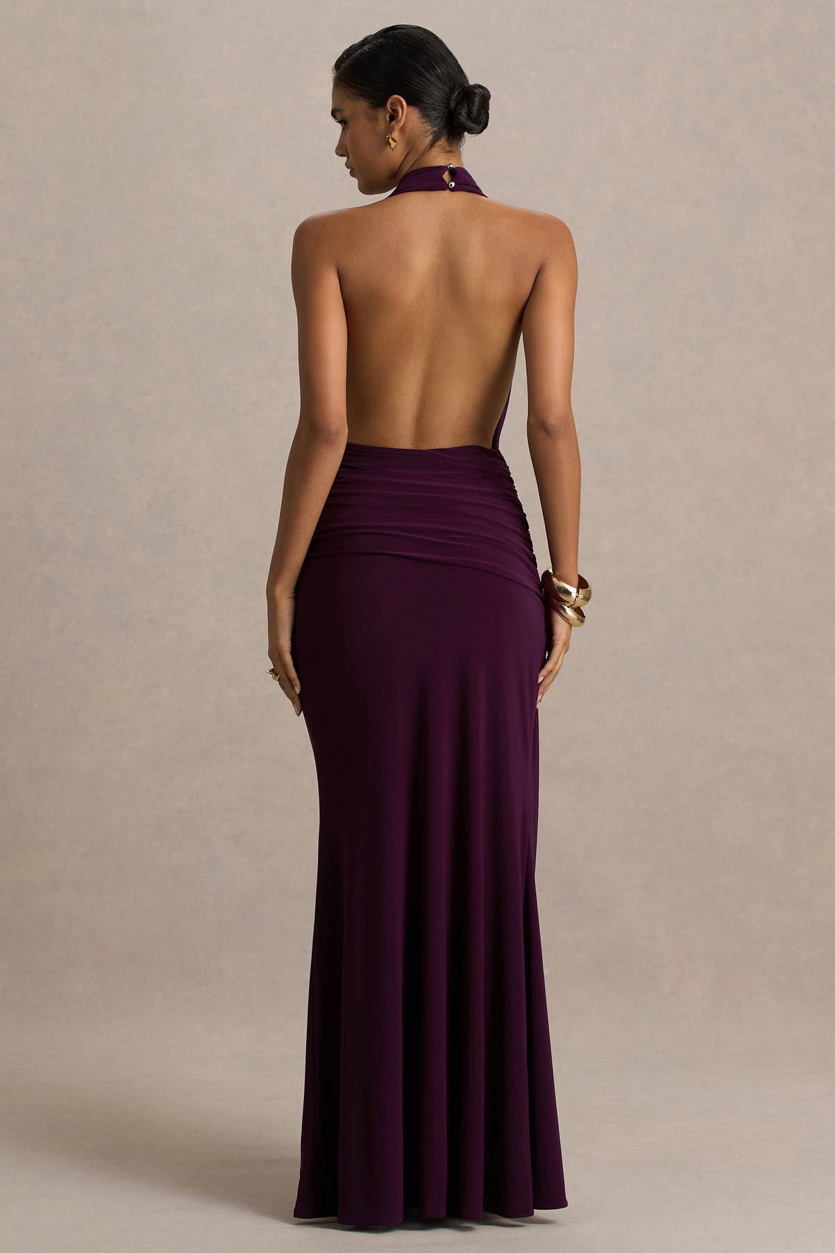 Tilly | Burgundy Extreme Plunge-Neck Maxi Dress With Wrap And Ruched Details - UK 12 PORT Tilly | Burgundy Extreme Plunge-Neck Maxi Dress With Wrap And Ruched Details - UK 12 PORT