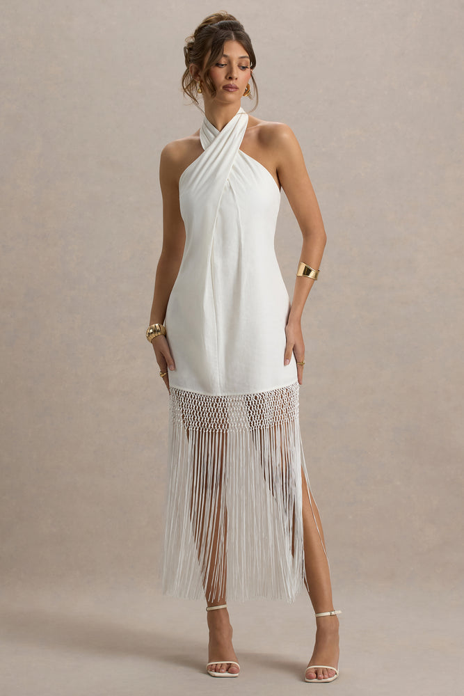 Fiametta Ecru Linen Halter-Neck Fringe Maxi Dress – Club L London