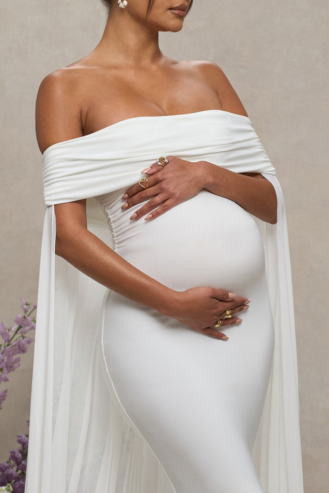 Carlotta White Bardot Maternity Maxi Dress With Chiffon Cape Club L London - USA Carlotta White Bardot Maternity Maxi Dress With Chiffon Cape Club L London - USA