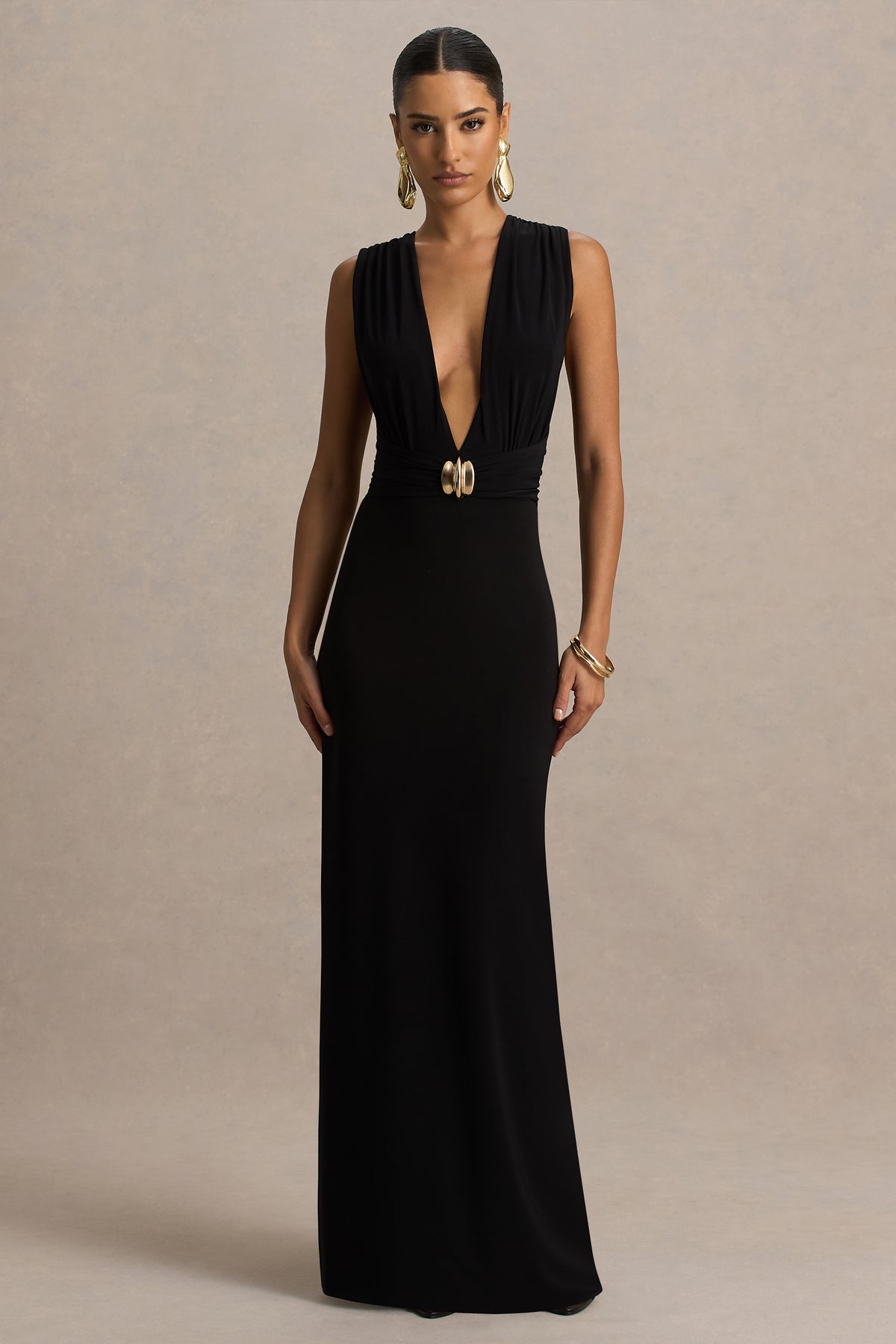 Alena | Black Extreme-Plunge Neck Maxi Dress With Gold Detail - UK 14 Black Alena | Black Extreme-Plunge Neck Maxi Dress With Gold Detail - UK 14 Black