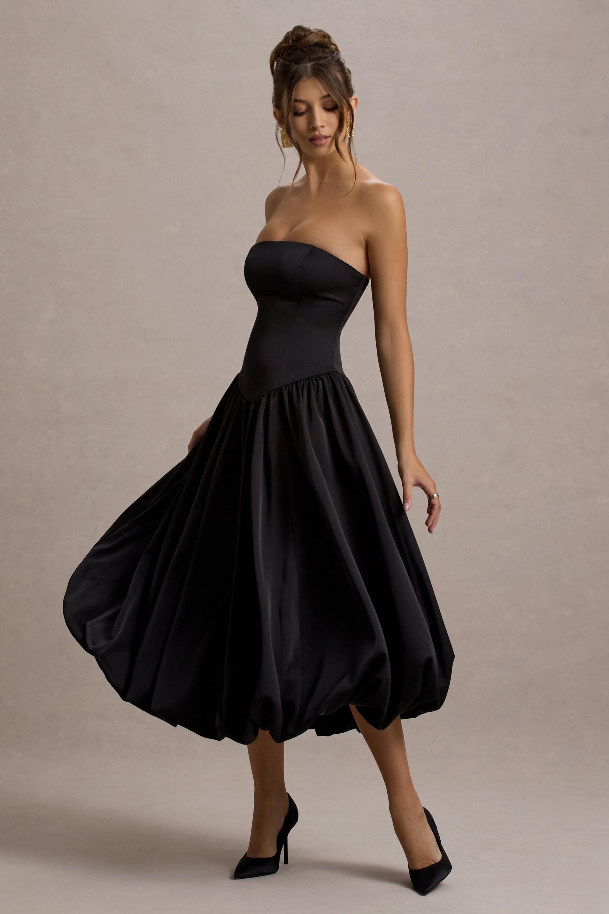 black strapless a line midi dress AX Paris - Black Strapless Fold Over Top Detail Midi Dress