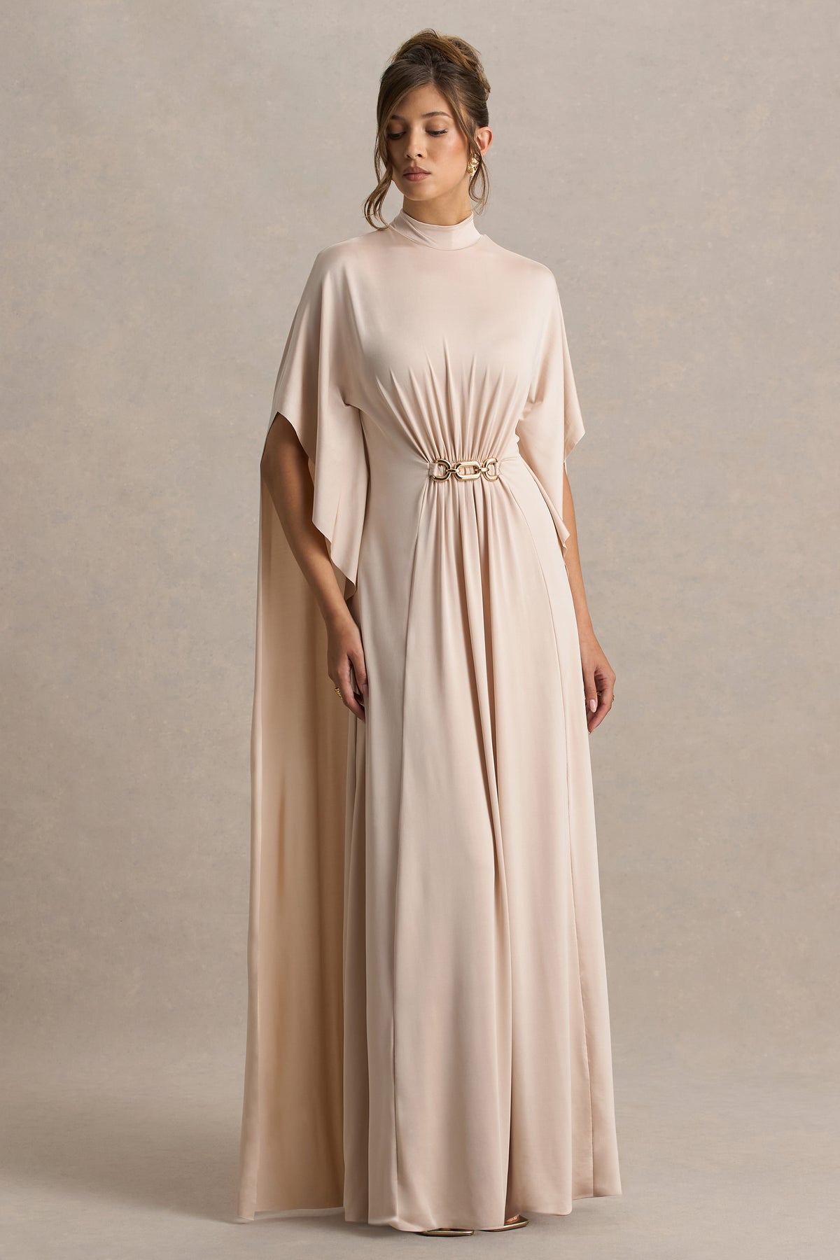 Olessia Champagne Belted Gathered Cape-Sleeve Maxi Dress Club L London - USA Olessia Champagne Belted Gathered Cape-Sleeve Maxi Dress Club L London - USA