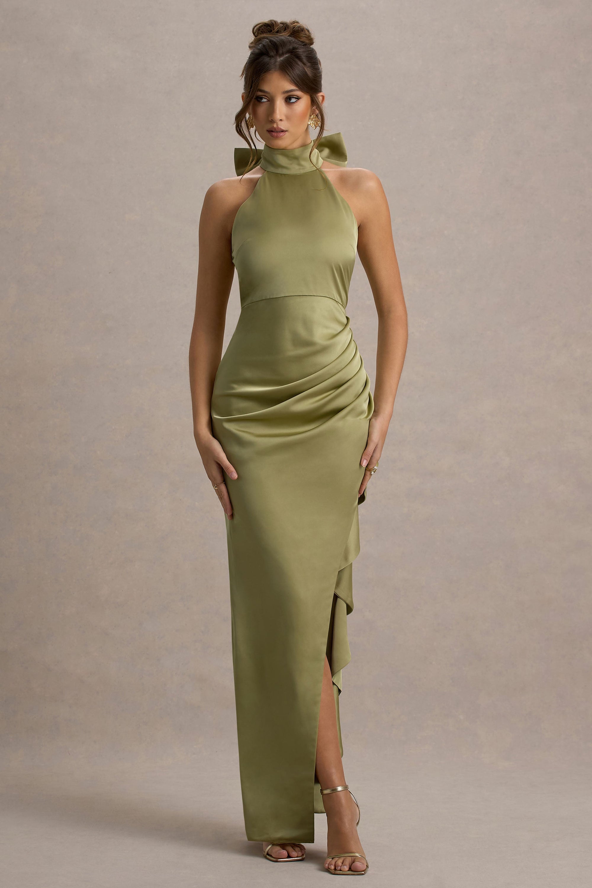 Maureen | Light Green Satin High-Neck Draped Maxi Dress – Club L London
