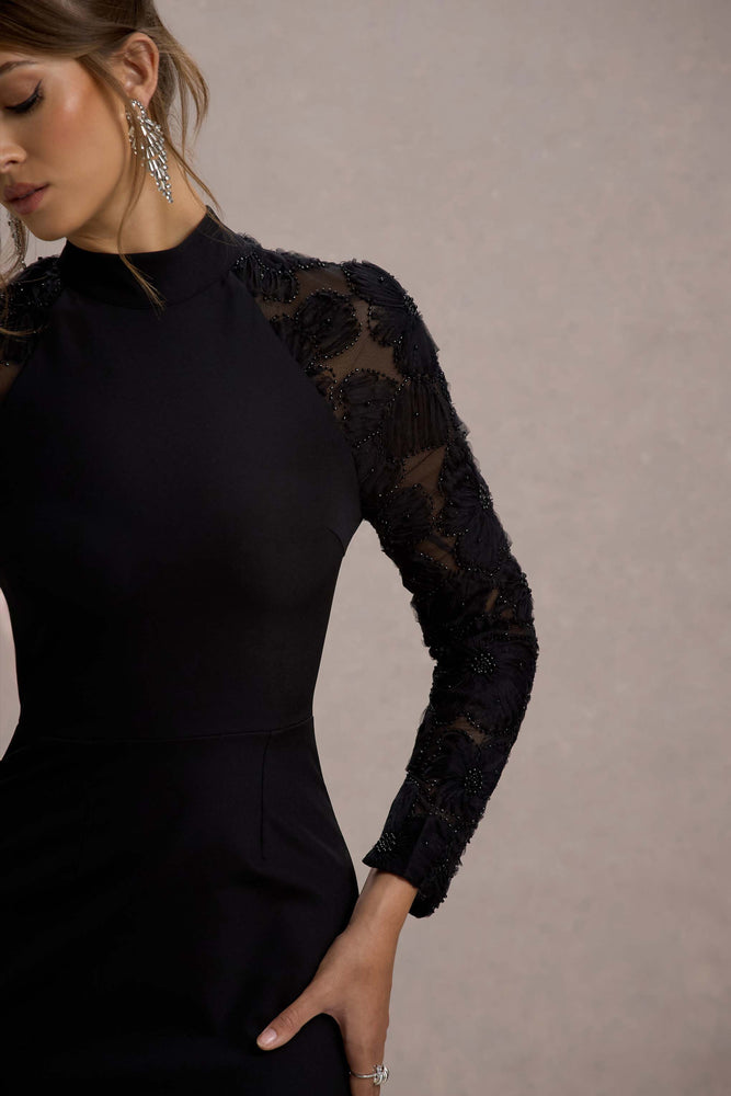 Chandra Black Mesh Long-Sleeve Midi Dress With Ruffle Hem Chandra Black Mesh Long-Sleeve Midi Dress With Ruffle Hem