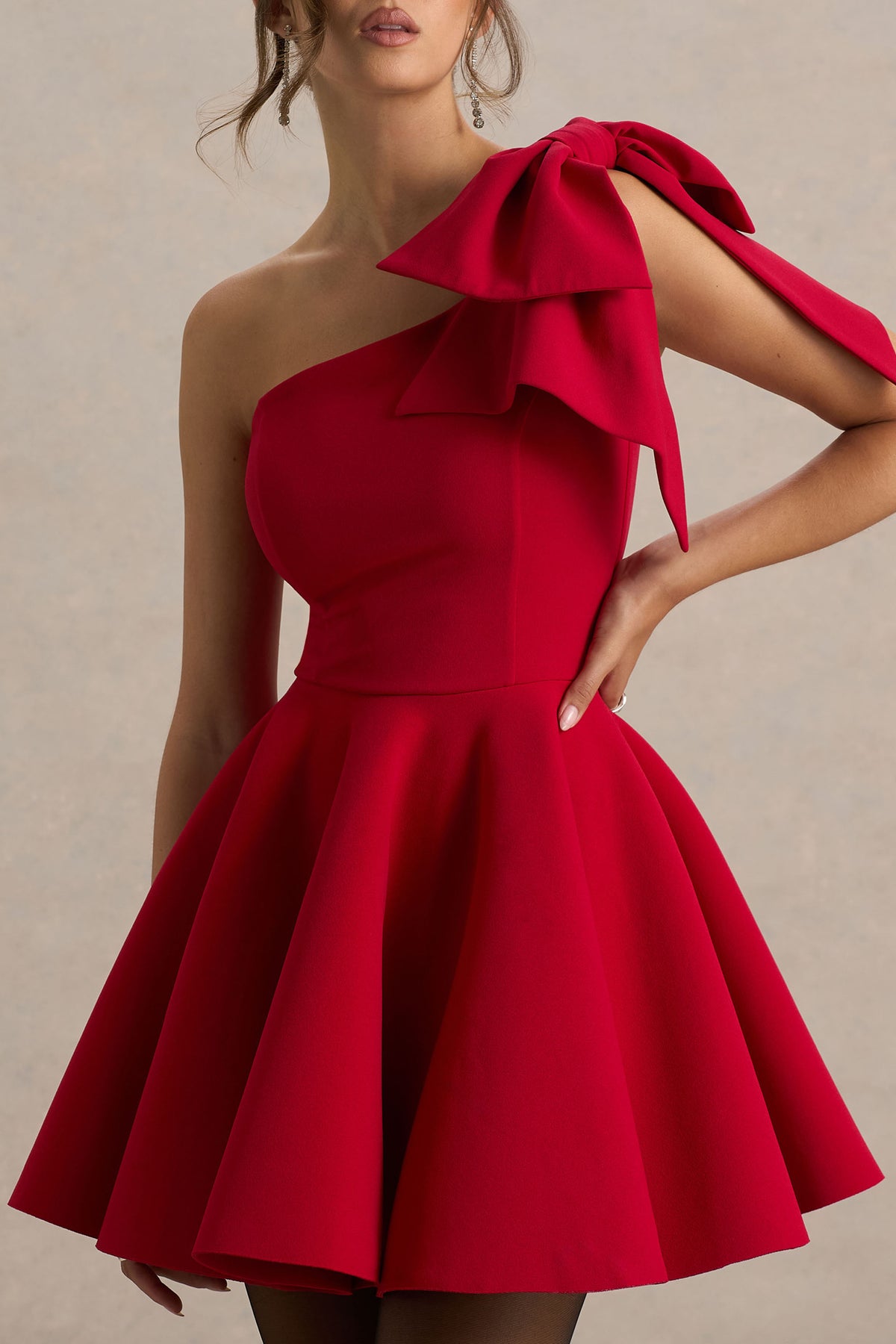 Prosperity Red Asymmetric-Neck Mini Dress With Bow Detail Club L London - USA Prosperity Red Asymmetric-Neck Mini Dress With Bow Detail Club L London - USA