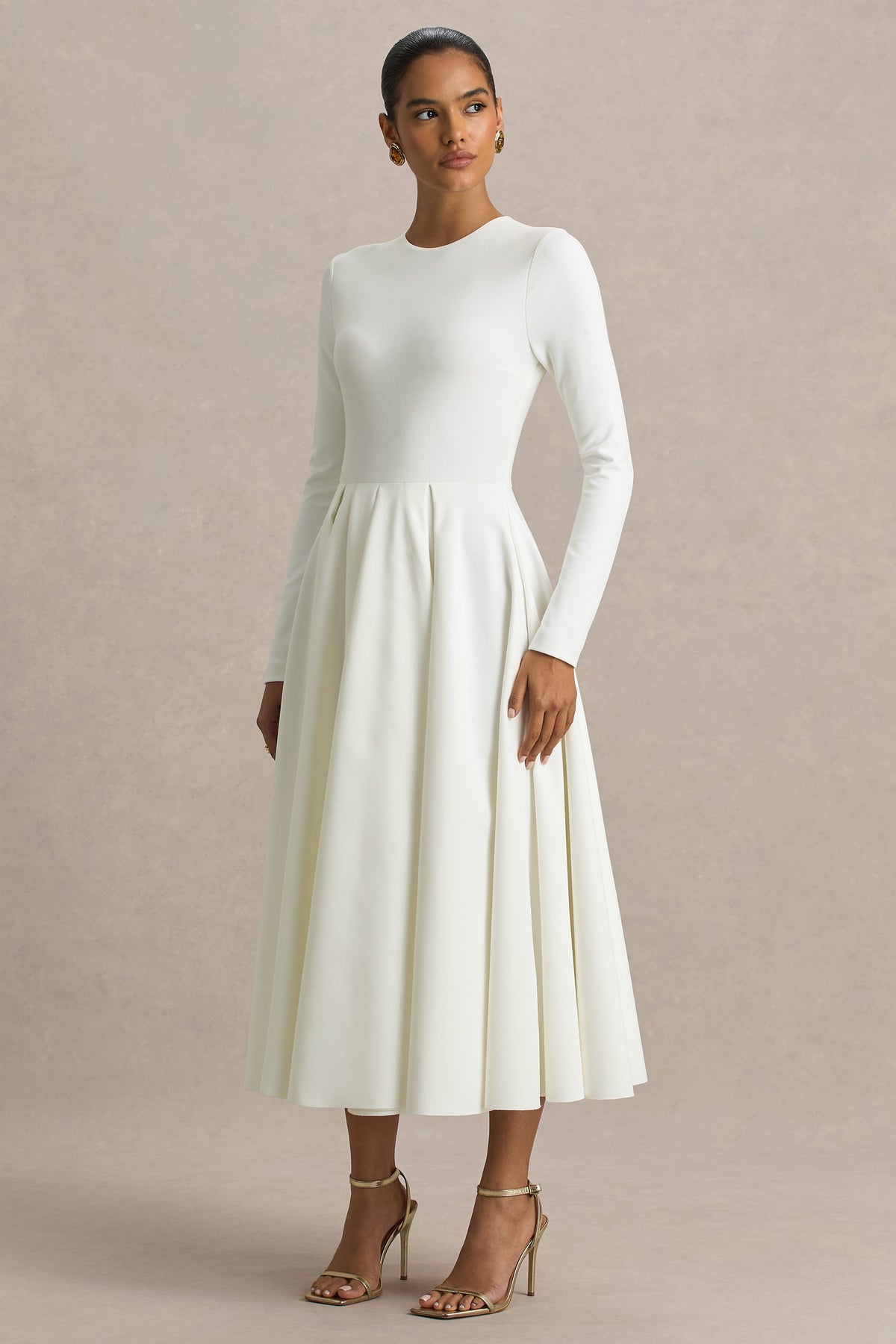 Bellamy Cream Crew-Neck Long Sleeve Midi Dress Club L London - USA Bellamy Cream Crew-Neck Long Sleeve Midi Dress Club L London - USA