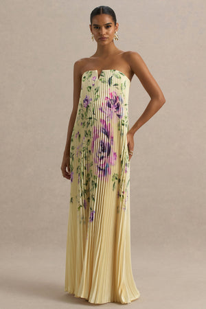 Bergamot | Lemon Rose Print Satin Sweetheart Maxi Dress – Club L