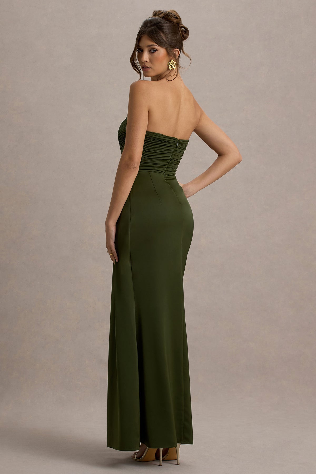 Edel Olive Satin Strapless Maxi Dress With Drape Club L London - USA Edel Olive Satin Strapless Maxi Dress With Drape Club L London - USA