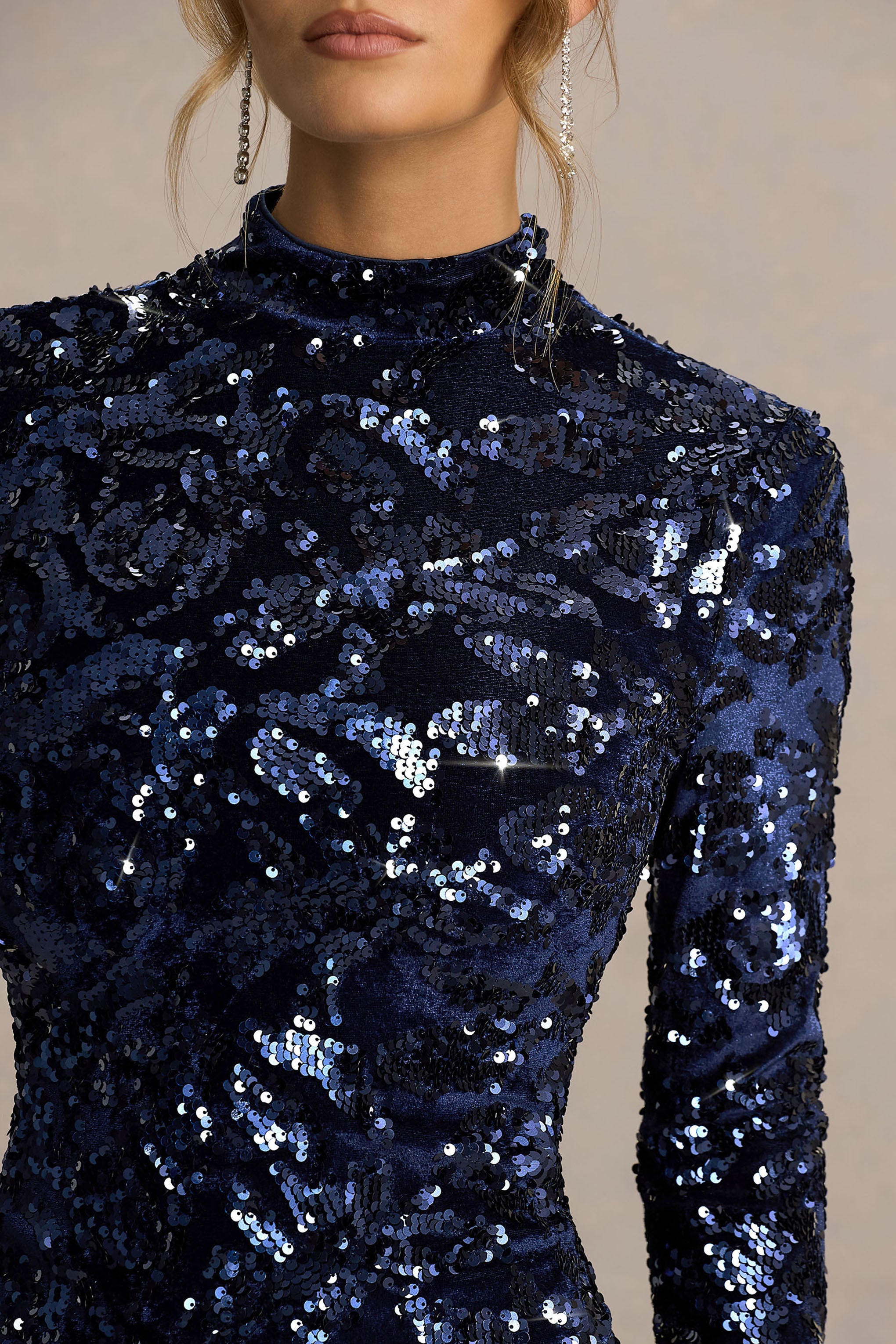Alanita | Navy Velvet And Sequin Embellished High-Neck Midi Dress