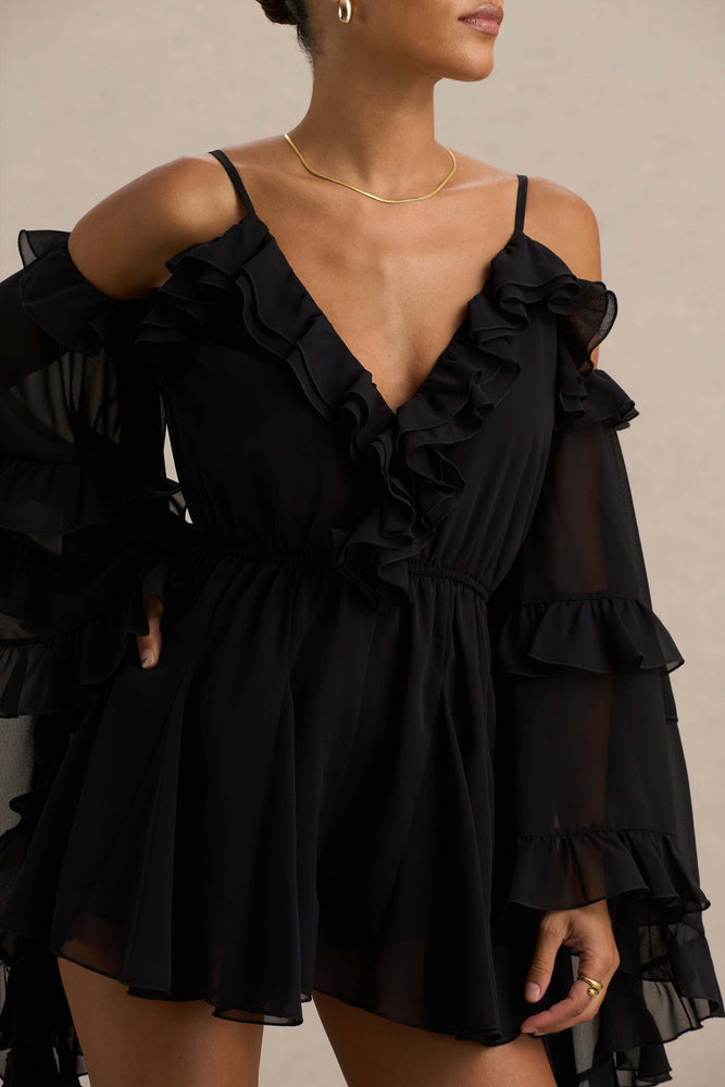 Anaya Black Chiffon Playsuit With Long Sleeves – Club L