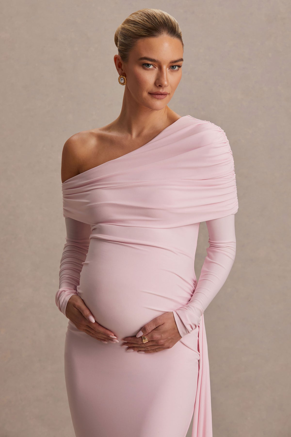 Amara Blush Pink Asymmetric-Neck Maternity Maxi Dress With Sash Deta Club L London - USA Amara Blush Pink Asymmetric-Neck Maternity Maxi Dress With Sash Deta Club L London - USA