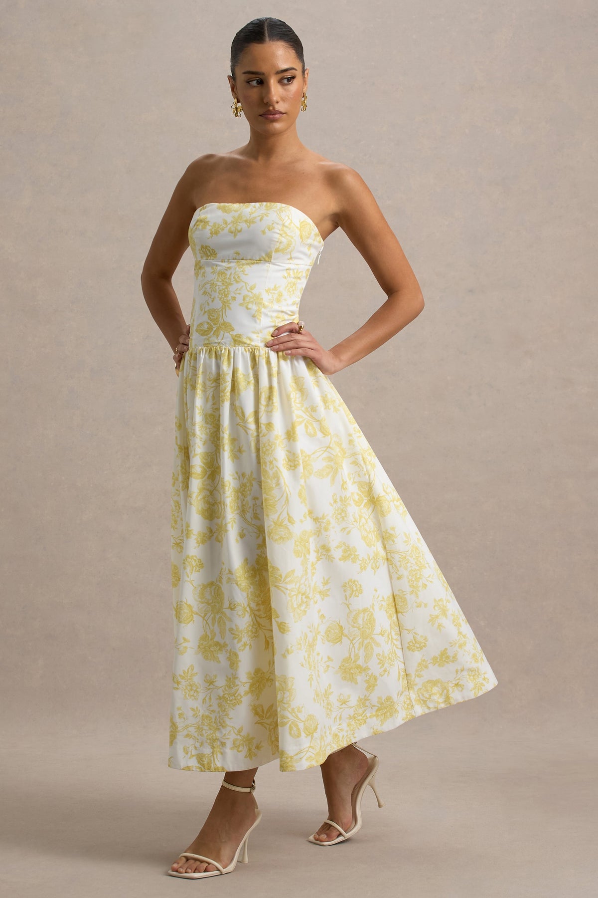 Bluebell Lemon Porcelain Print Poplin Bandeau Drop-Waist Midi Dress Club L London - USA Bluebell Lemon Porcelain Print Poplin Bandeau Drop-Waist Midi Dress Club L London - USA