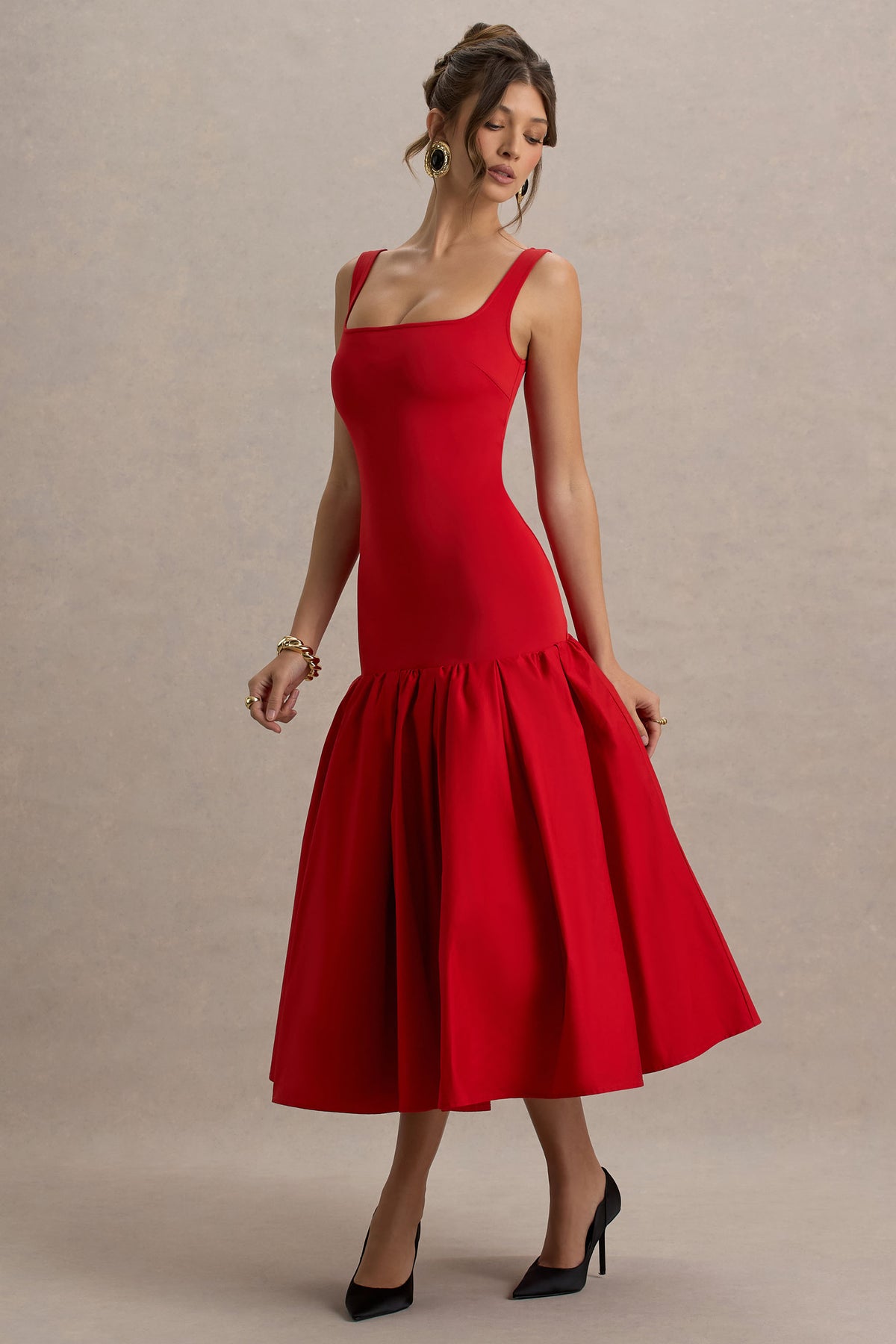 Parida | Red Poplin Drop-Waist Maxi Dress With Peplum Hem
