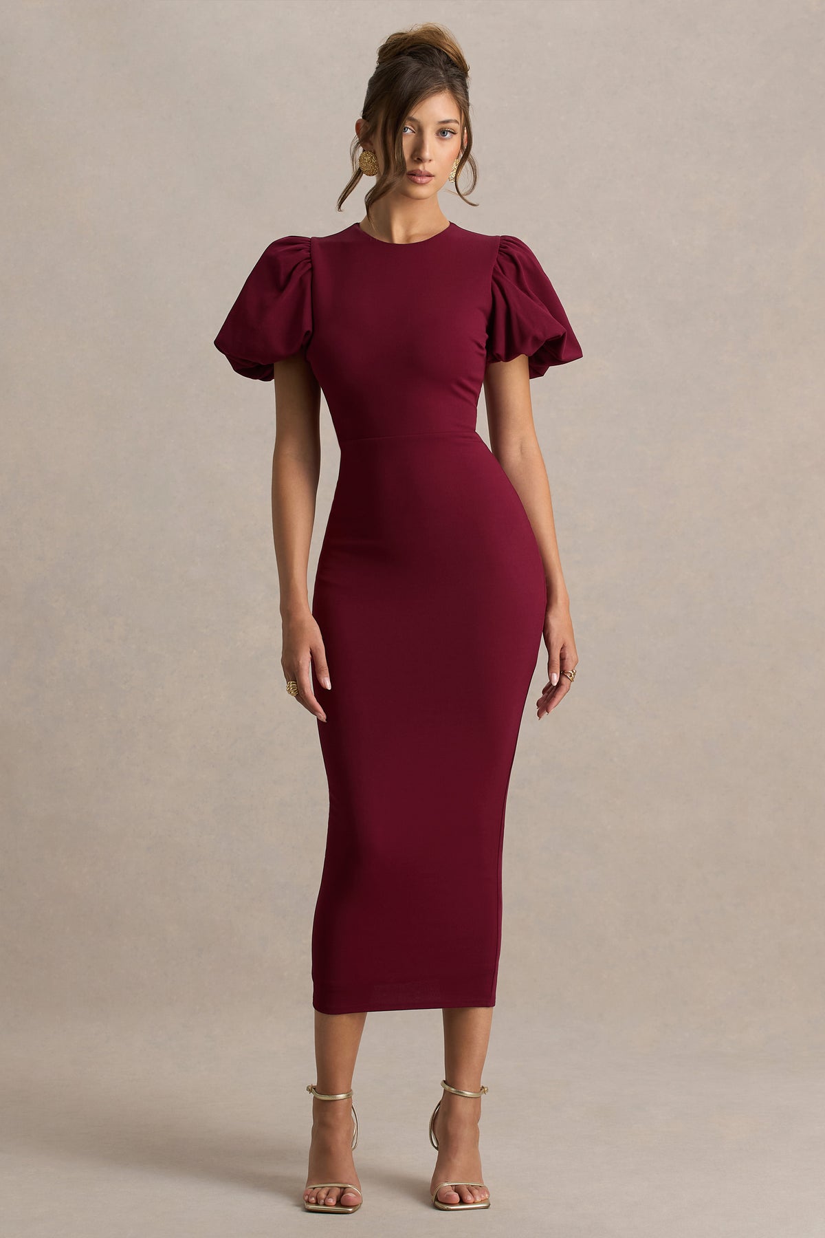 Dakota Burgundy Puff-Sleeve Midi Dress Club L London - USA Dakota Burgundy Puff-Sleeve Midi Dress Club L London - USA