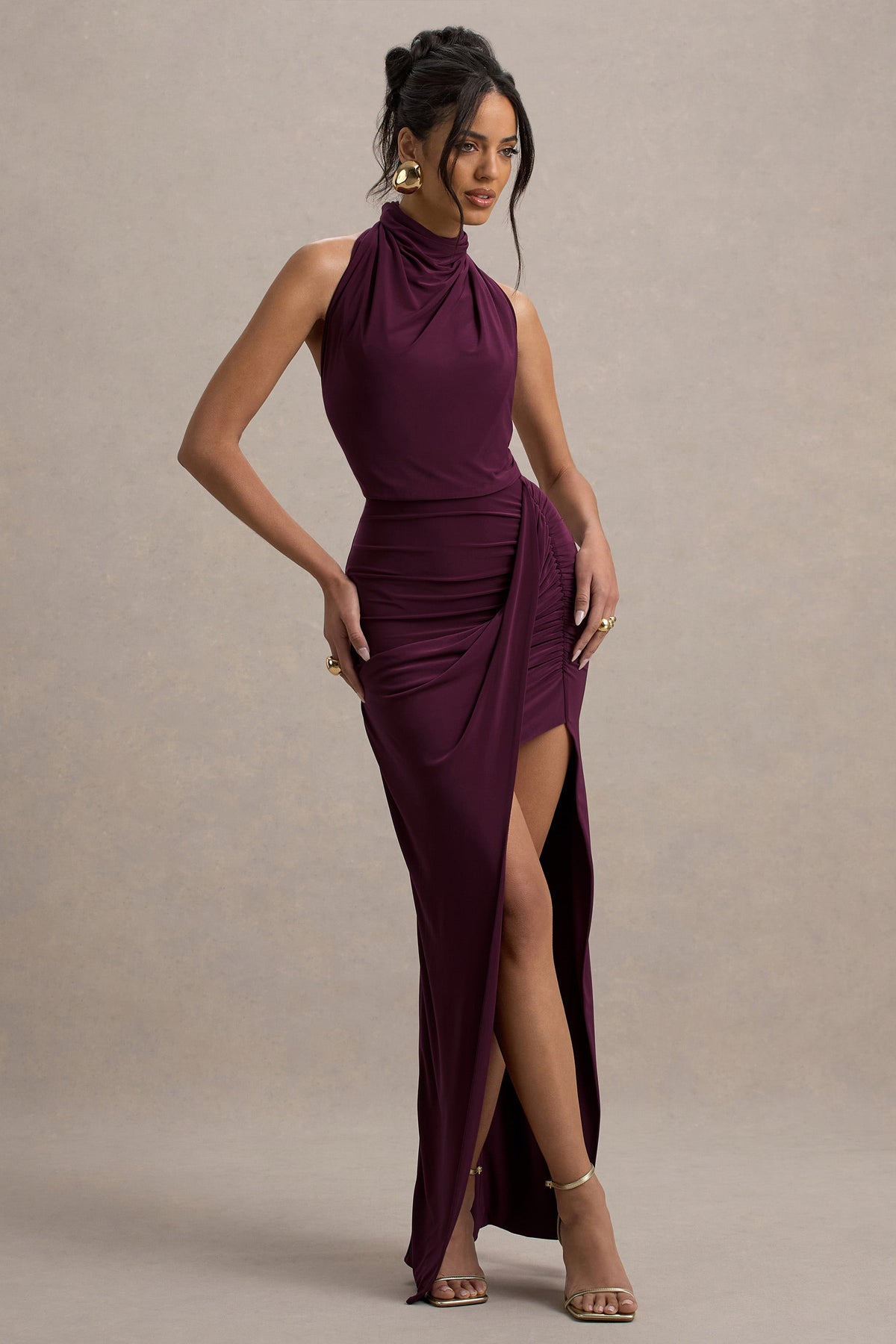 Hayden Burgundy High-Neck Draped Split Maxi Dress – Club L London