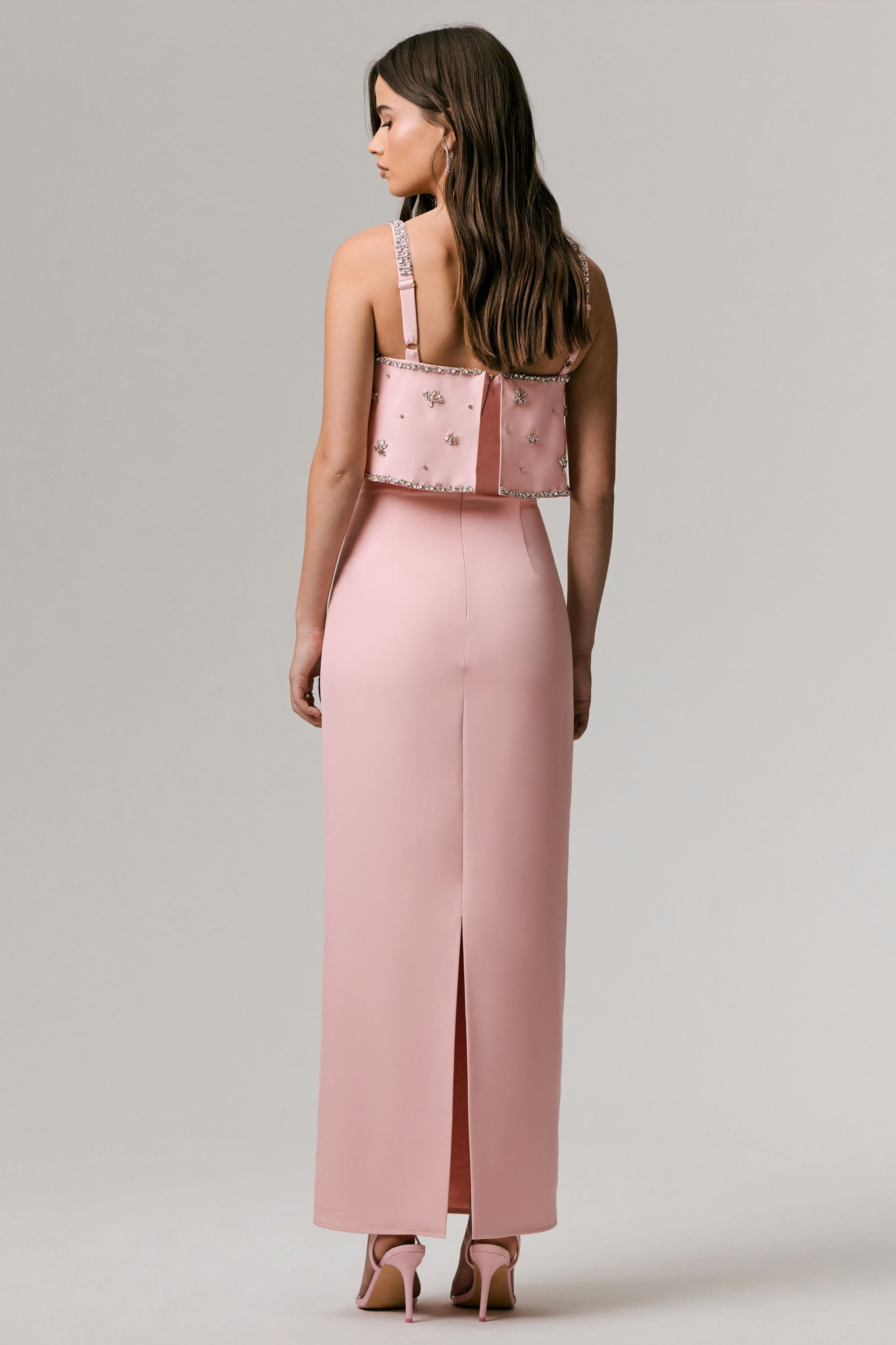 Scarlet | Pale PINK Square-Neck Embellished Maxi Dress