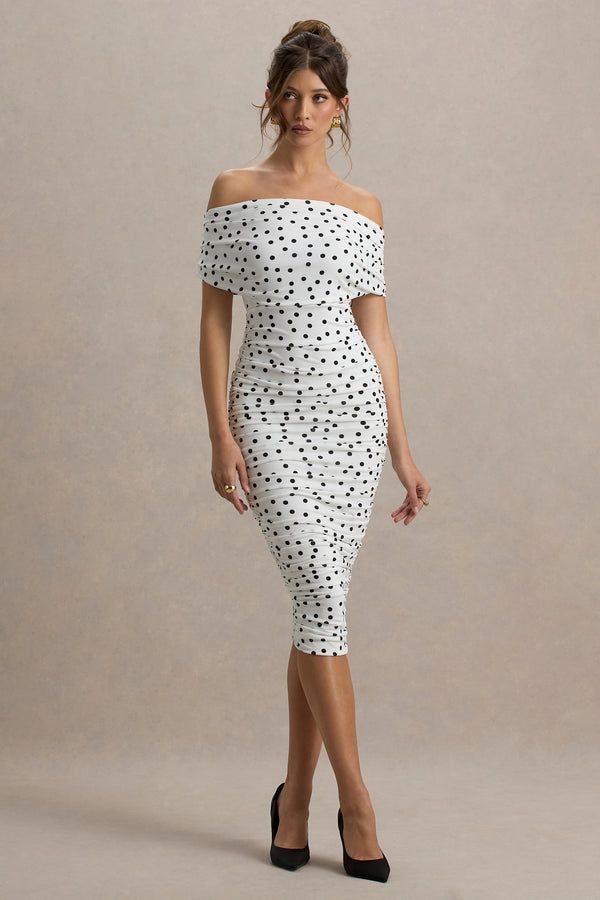 Rayleigh Polka Dot Bardot Ruched Midi Dress – Club L London Rayleigh Polka Dot Bardot Ruched Midi Dress – Club L London