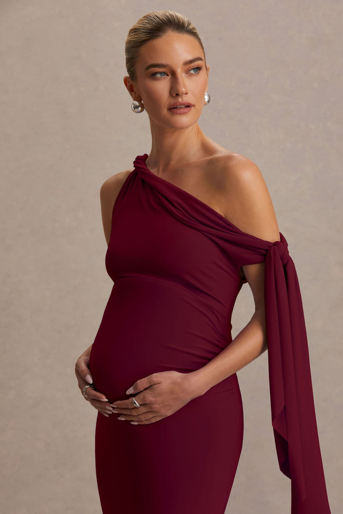 burgundy chiffon maternity dress Monroe Burgundy Crew-Neck Maternity Maxi Dress With Drop-Waist – Club L  London main image 0