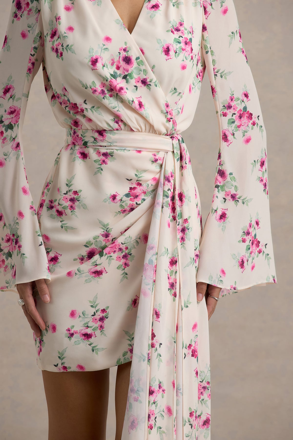 floral dresses with sleeves Goldie Cream Floral Print Chiffon Long-Sleeve Wrap Mini Dress – Club L London