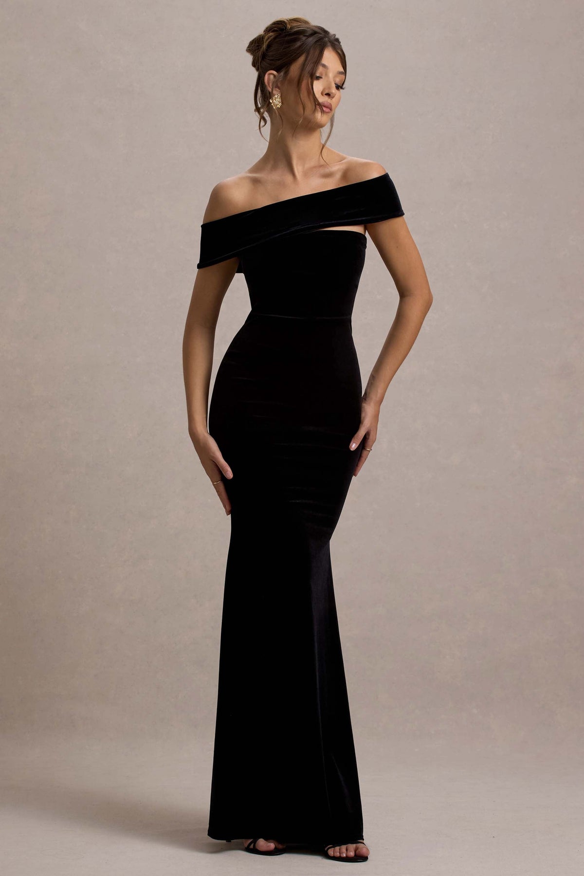 Candela | Black Velvet Asymmetric Bardot Maxi Dress US 8 / Black Candela | Black Velvet Asymmetric Bardot Maxi Dress US 8 / Black
