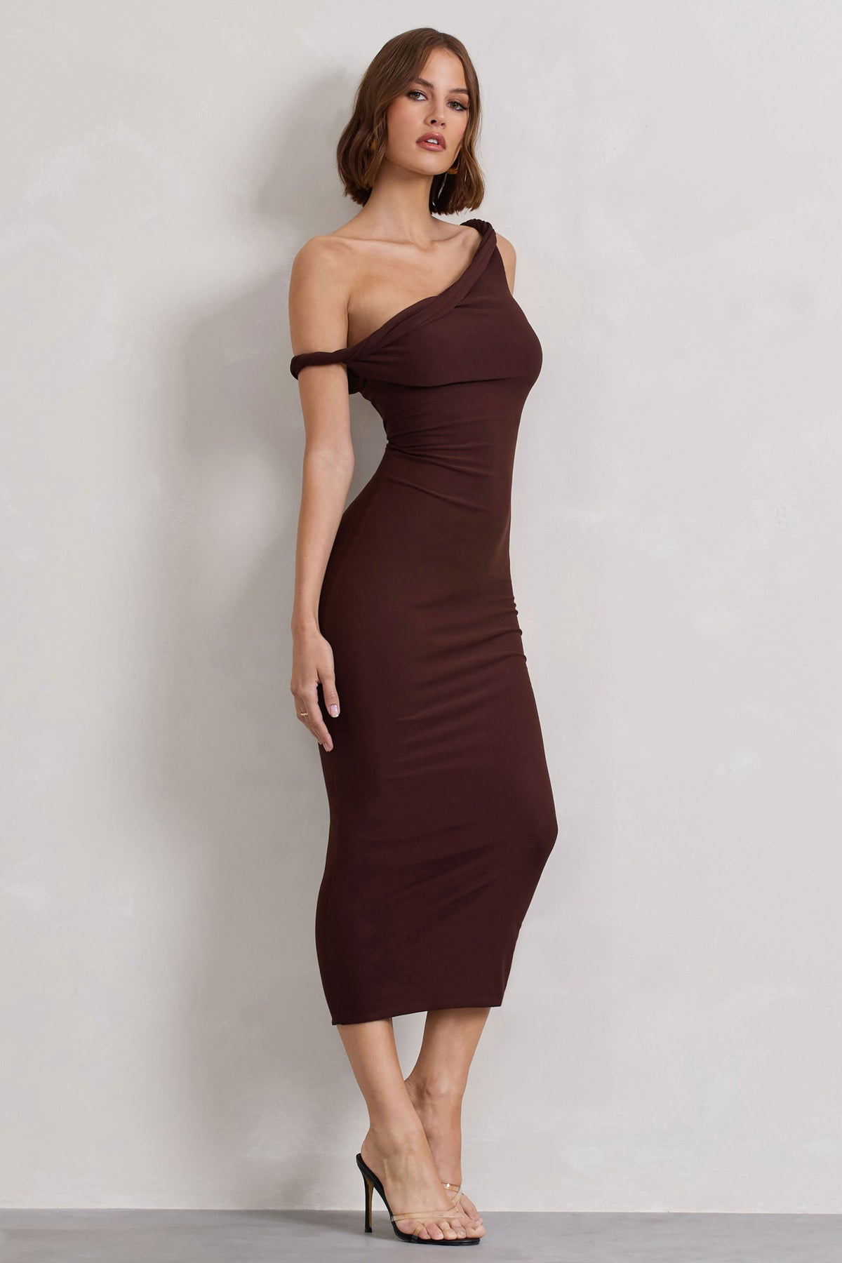 Salome | Chocolate Brown Twisted Asymmetric Midi Dress - UK 12 Chocolate DRIZZLE Salome | Chocolate Brown Twisted Asymmetric Midi Dress - UK 12 Chocolate DRIZZLE
