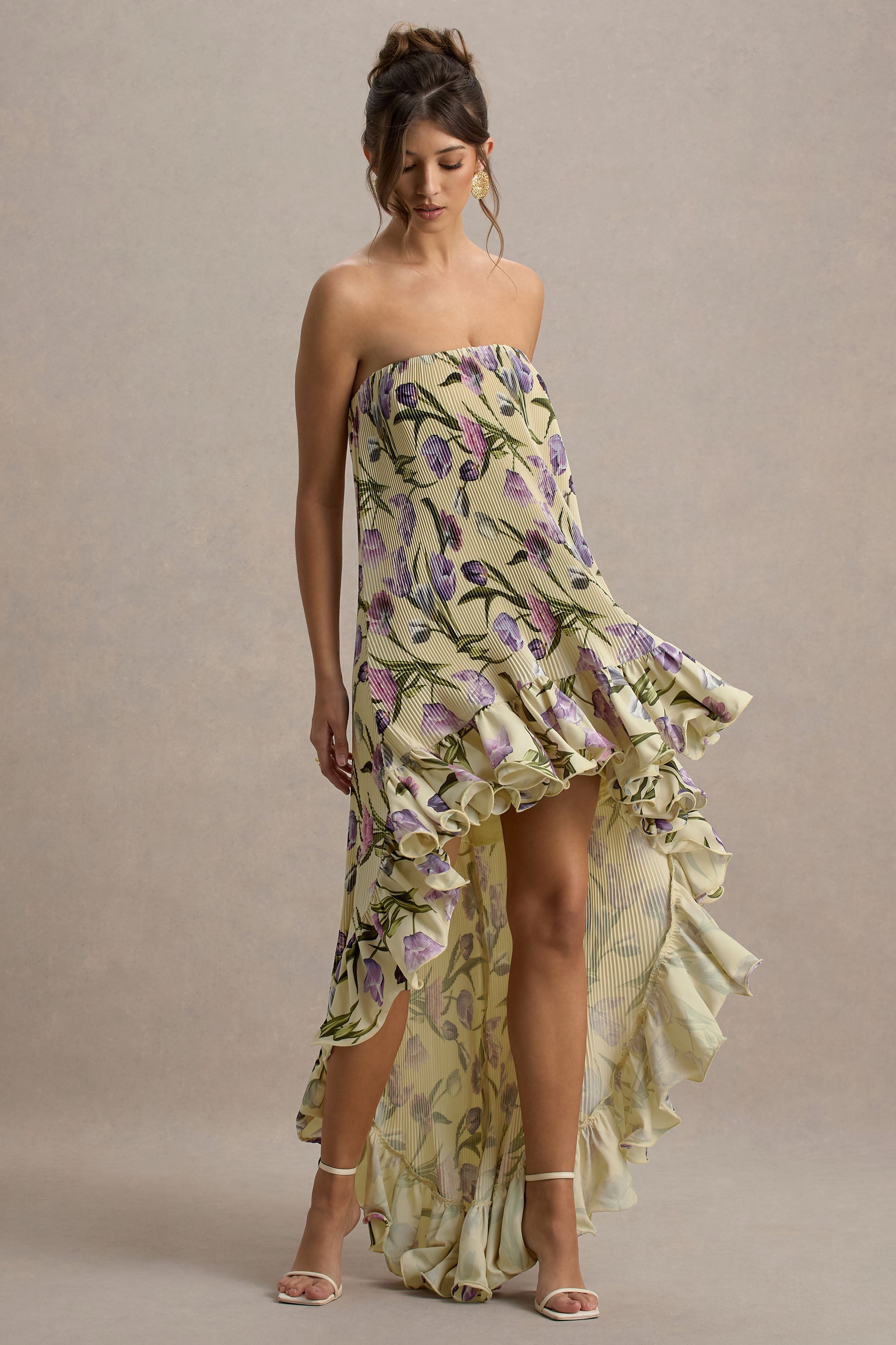 Whistler | Tulip Floral Print Chiffon Bandeau High-Low Ruffled