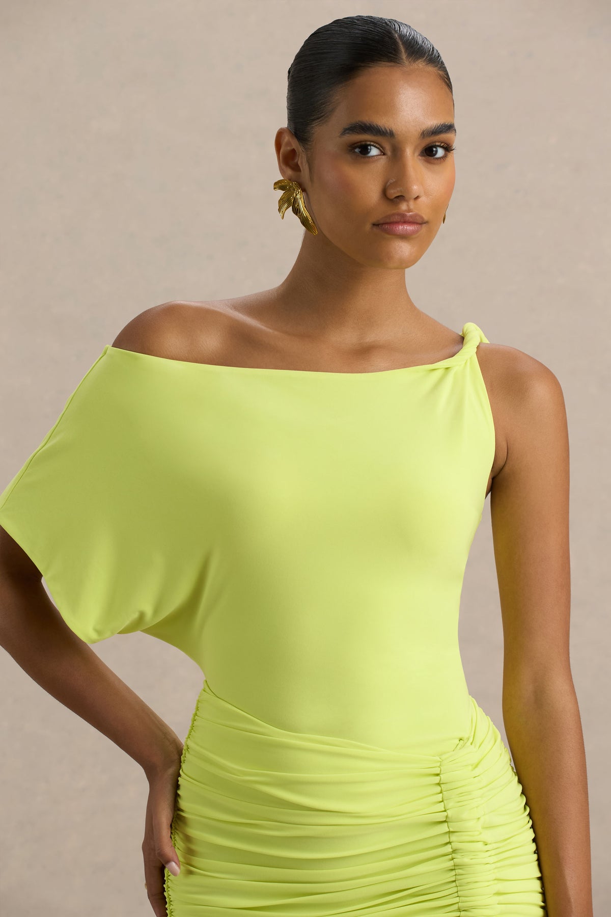 Marci | LIME Green Asymmetric Ruched Mini Dress With Sash - UK 12 LIME Green Marci | LIME Green Asymmetric Ruched Mini Dress With Sash - UK 12 LIME Green