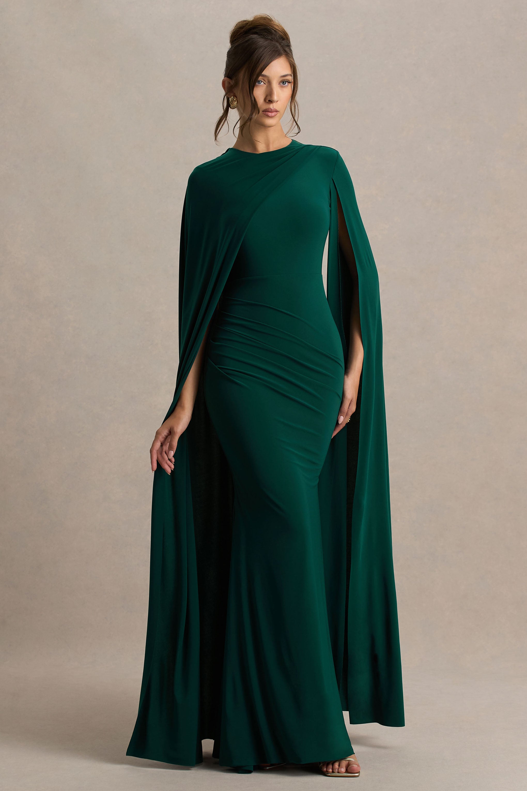 Magdelena | Bottle Green Asymmetric Cape Maxi Dress – Club L