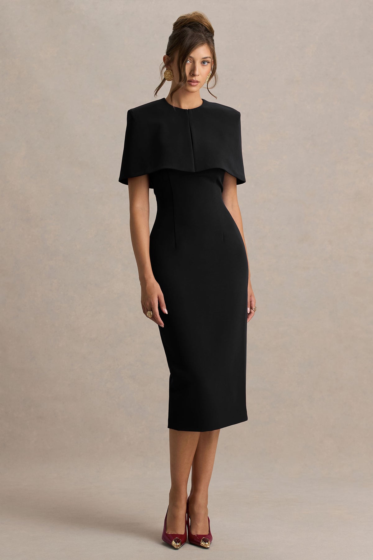black mid dress Baylor Black Midi-Dress With Removable Cape-Detail – Club L London