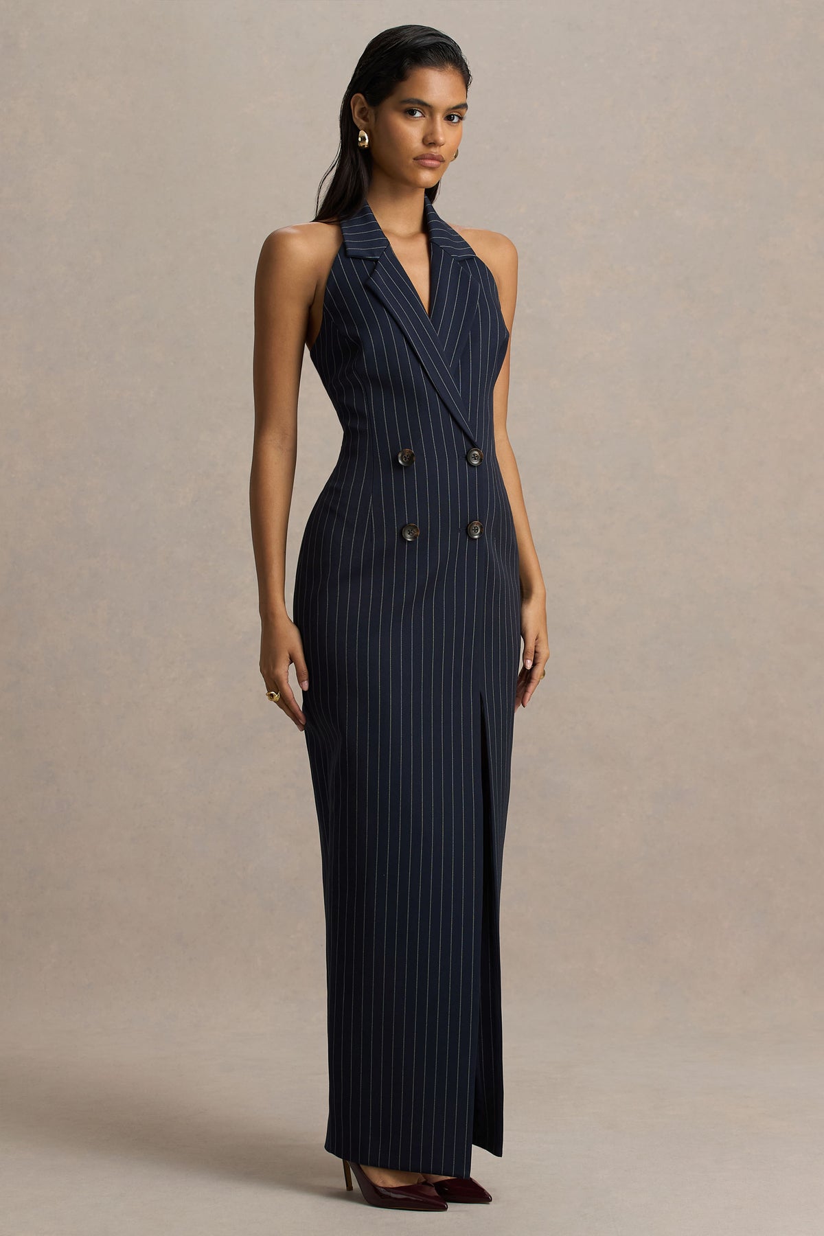 Eve Navy Pinstripe Plunge-Neckline Tailored Maxi Dress Club L London - USA Eve Navy Pinstripe Plunge-Neckline Tailored Maxi Dress Club L London - USA
