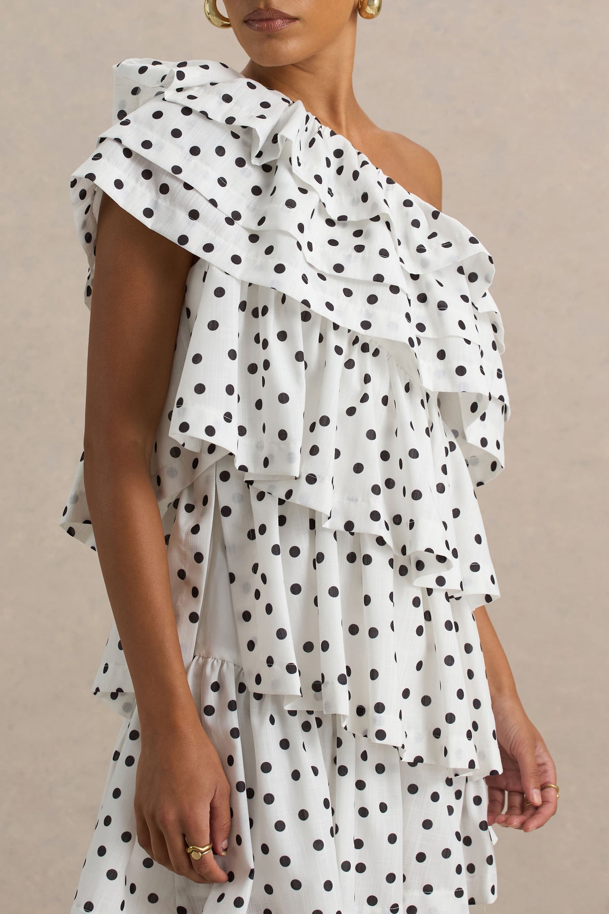 Orla White Polka Dot Asymmetric Ruffled Mini Dress Club L London - USA Orla White Polka Dot Asymmetric Ruffled Mini Dress Club L London - USA