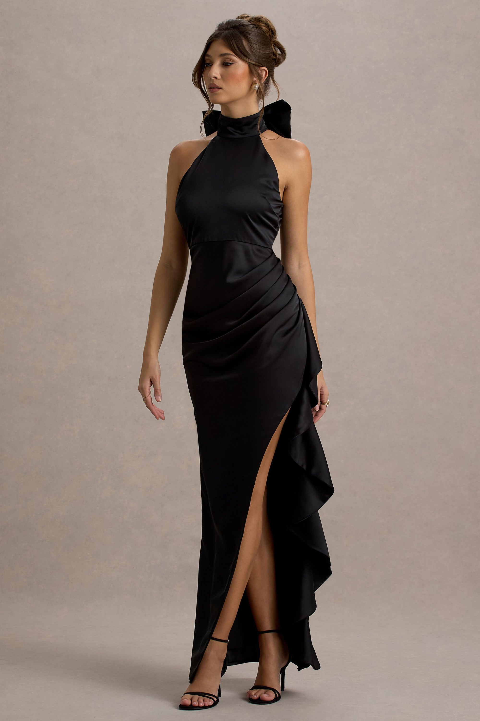 Maureen | Black Satin High-Neck Draped Maxi Dress – Club L London