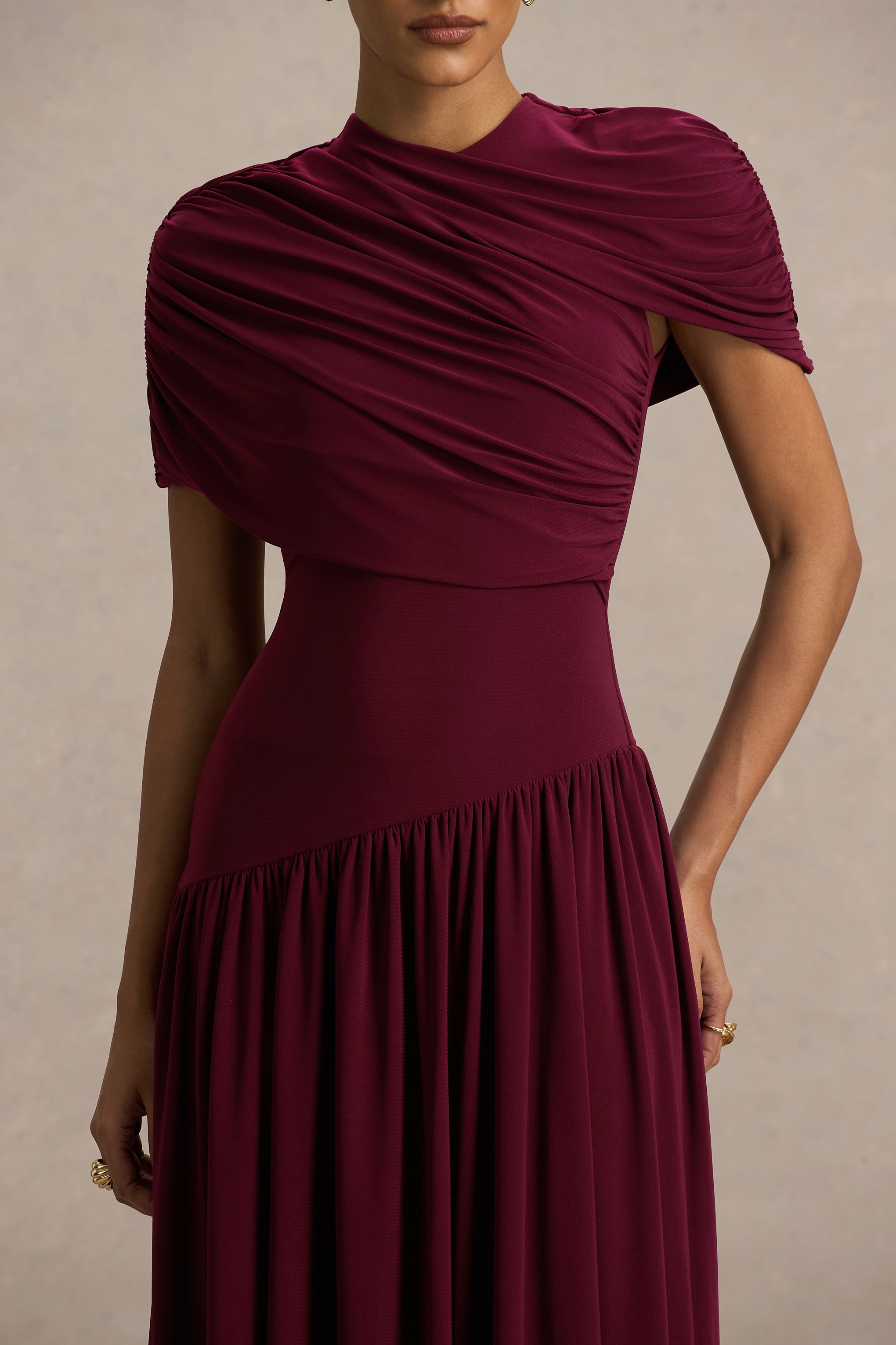 Ione | Burgundy Wrapped Midi Dress With Hanky Hem – Club L London