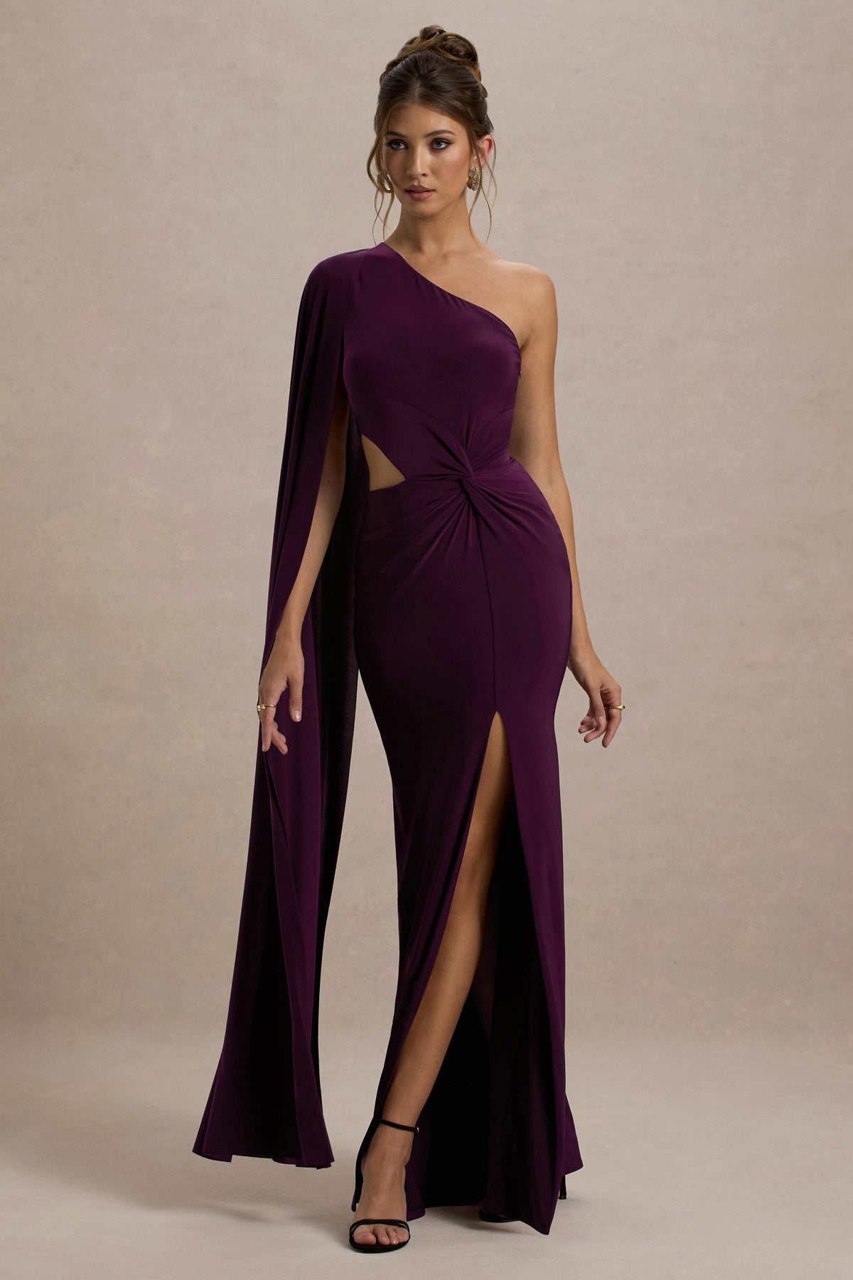 Brona Plum One-Shoulder Cape-Sleeve Split Maxi Dress Club L London - USA Brona Plum One-Shoulder Cape-Sleeve Split Maxi Dress Club L London - USA