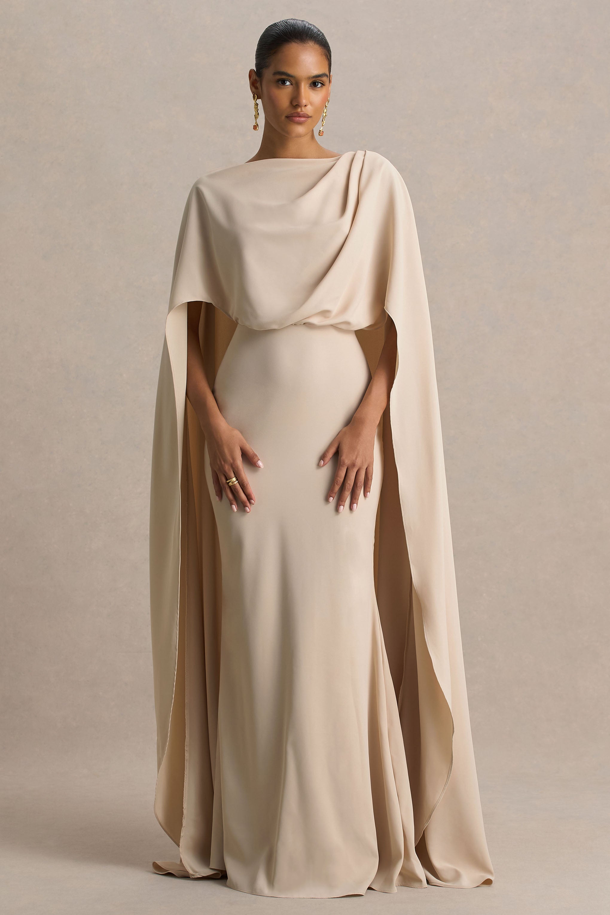 Pristina | Sand Boat-Neck Woven Maxi Dress With Cape Detail – Club