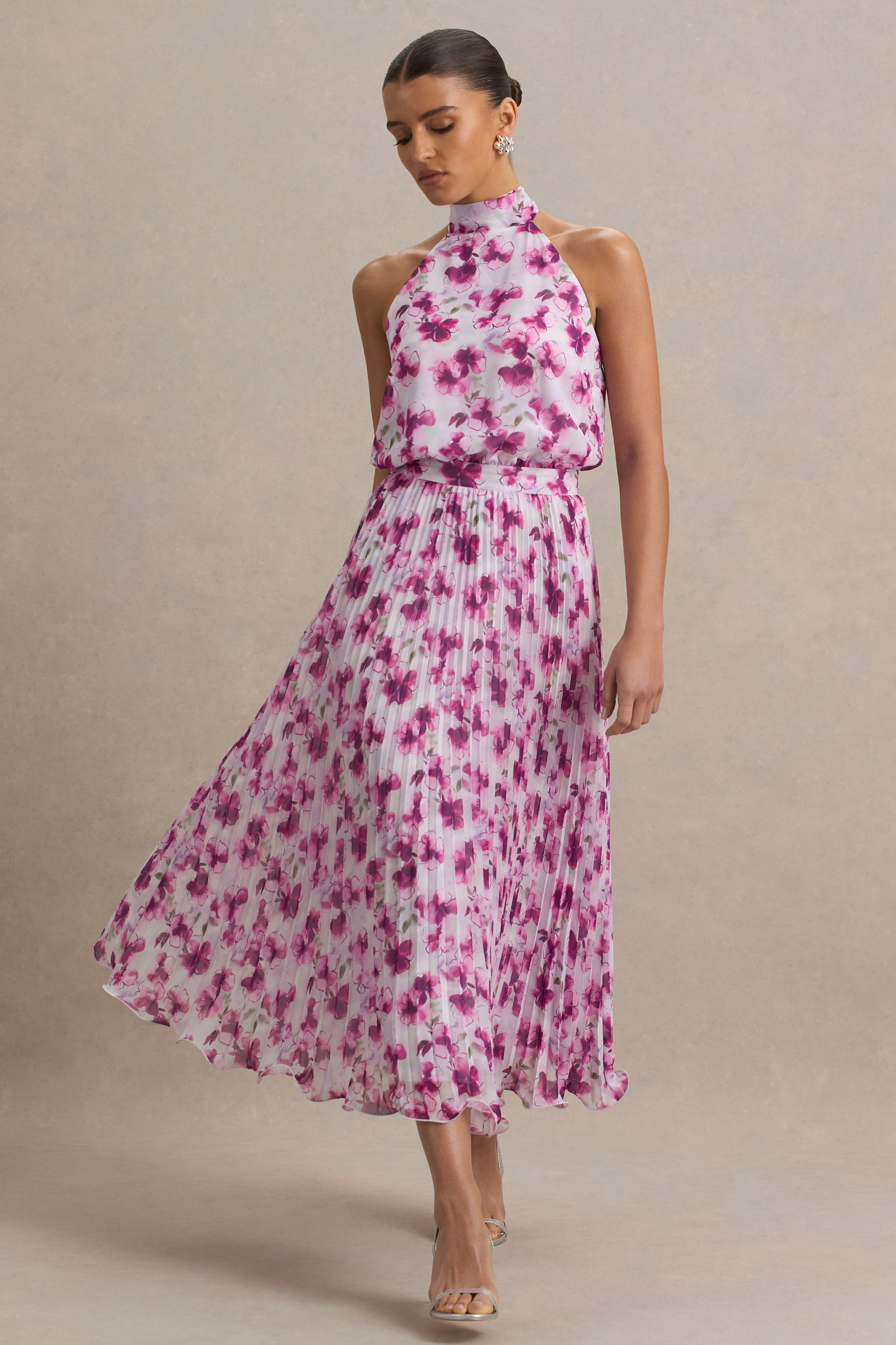 purple floral halter neck bodycon midi dress Lavender Halter Midi Dress Floral Print Summer Top FINESSE
