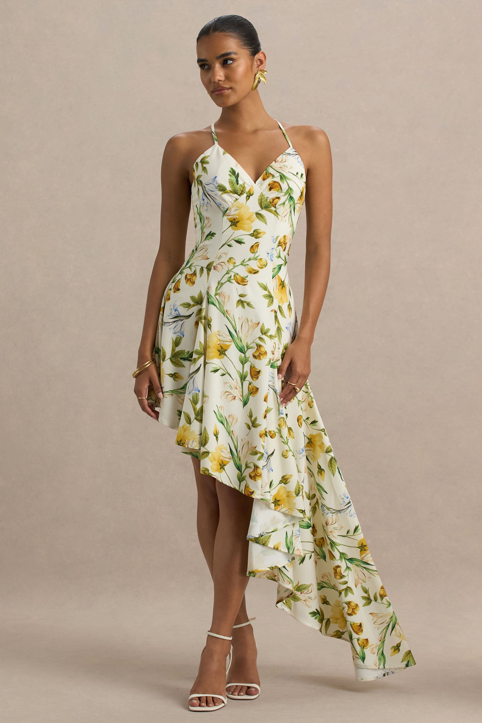 Glint | Lemon Floral Print Satin Plunge-Neck Maxi Dress With Asymmetri ...