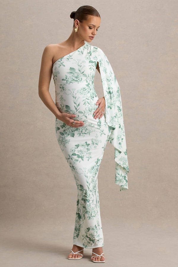 Aliana Green Porcelain Print Asymmetric Maternity Maxi Dress With Ru – Club  L London
