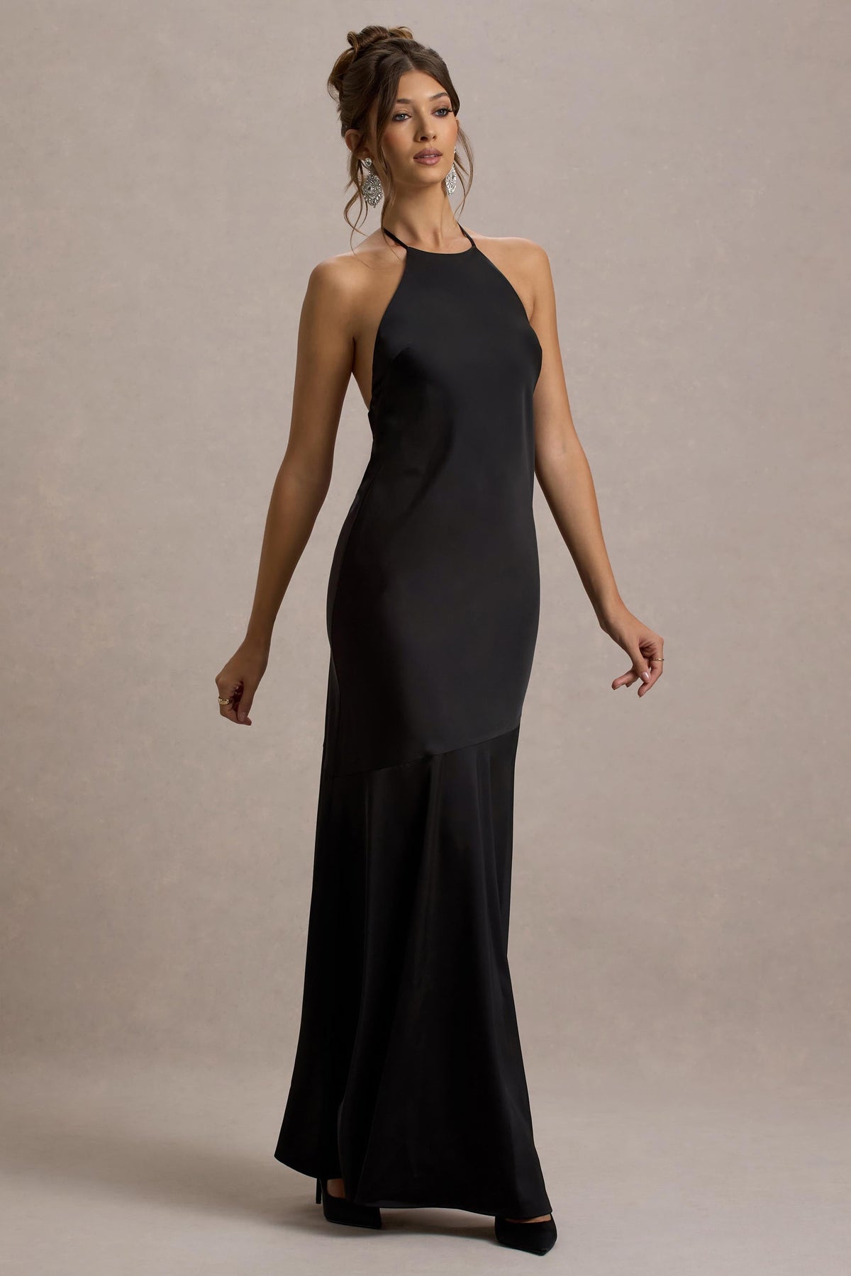 Frida Black Satin Halter-Neck Backless Maxi Dress Club L London - USA Frida Black Satin Halter-Neck Backless Maxi Dress Club L London - USA