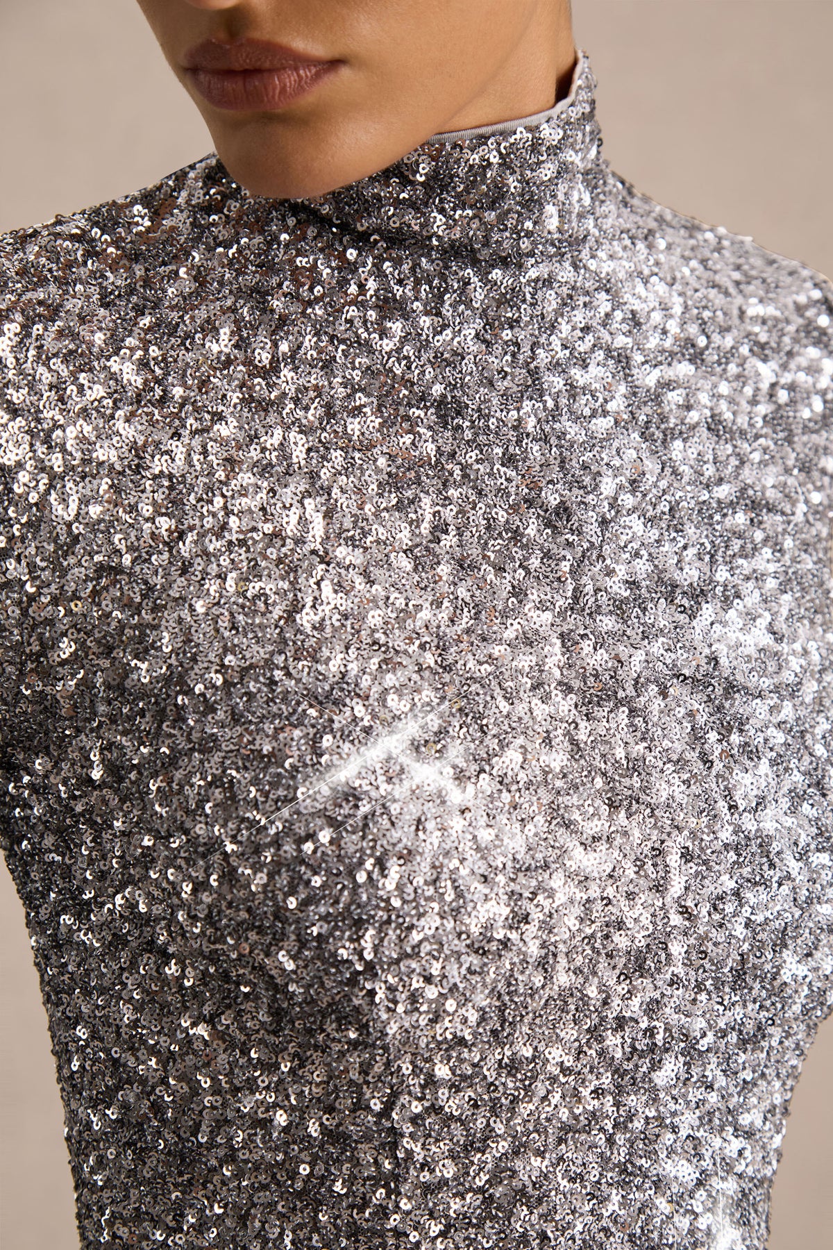 Galaxy | Silver Sequin Turtle-Neck Long-Sleeve Maxi Dress - UK 8 Silver Galaxy | Silver Sequin Turtle-Neck Long-Sleeve Maxi Dress - UK 8 Silver