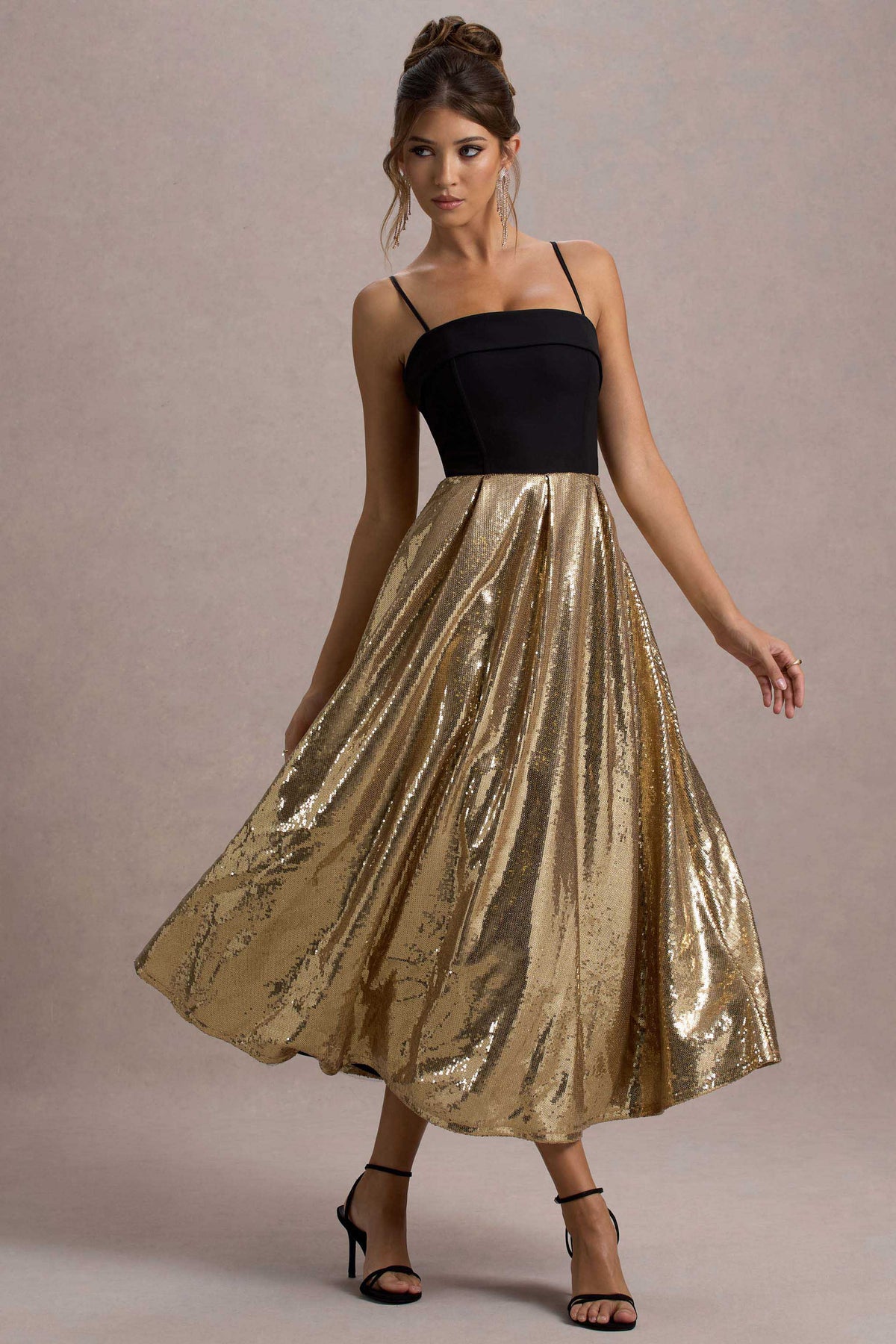 Nicci Black & Gold Strappy Midi Dress With Sequin Skirt Club L London - USA Nicci Black & Gold Strappy Midi Dress With Sequin Skirt Club L London - USA