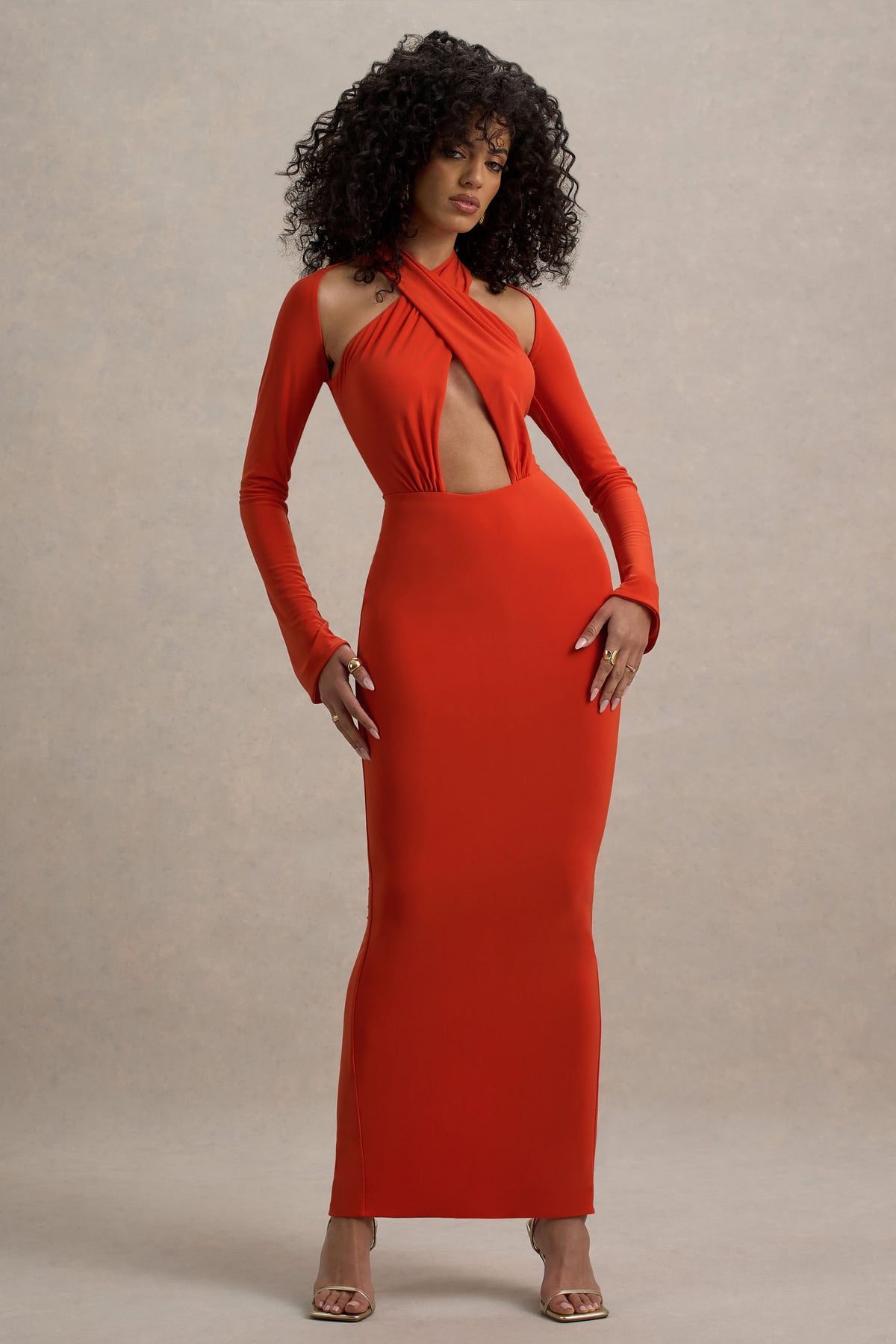 Gita Orange Halter-Neck Long-Sleeve Maxi Dress Club L London - USA Gita Orange Halter-Neck Long-Sleeve Maxi Dress Club L London - USA