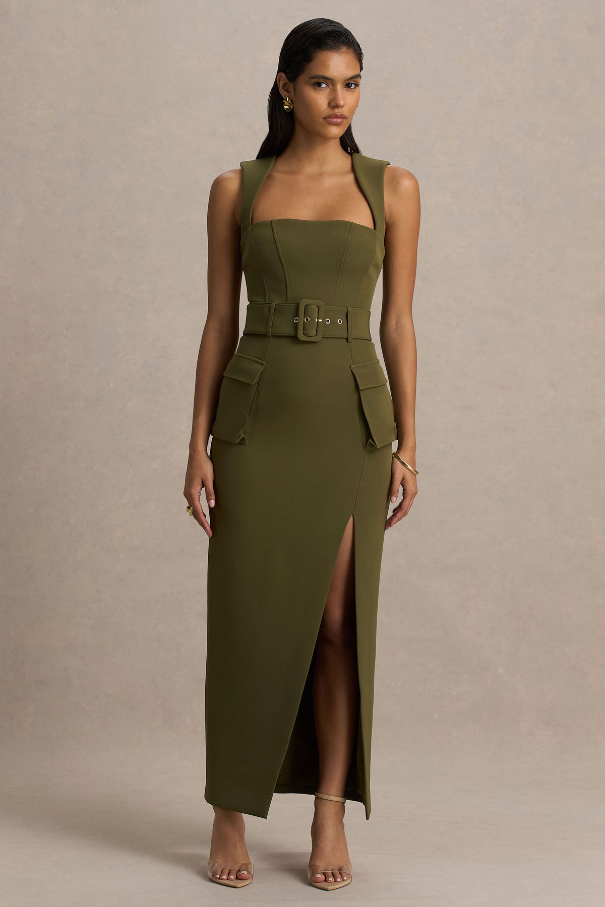 Sandra | Olive Square-Neck Tailored Maxi Dress with Front-High Split - UK 12 Martini Olive Sandra | Olive Square-Neck Tailored Maxi Dress with Front-High Split - UK 12 Martini Olive