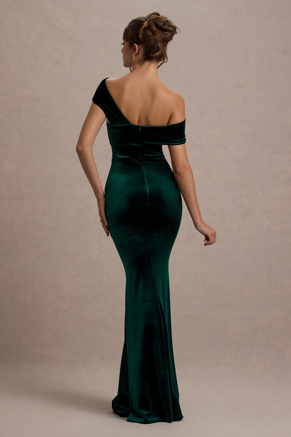 Candela | Bottle Green Velvet Asymmetric Bardot Maxi Dress US 12 / Bottle Green Candela | Bottle Green Velvet Asymmetric Bardot Maxi Dress US 12 / Bottle Green