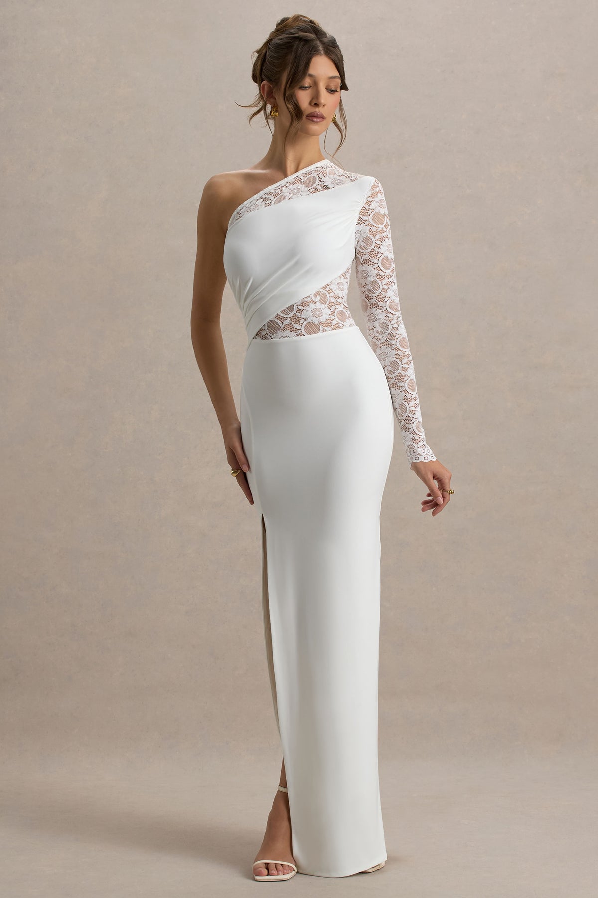 Moonlight White Asymmetric Maxi Dress With Lace Detailing Club L London - USA Moonlight White Asymmetric Maxi Dress With Lace Detailing Club L London - USA