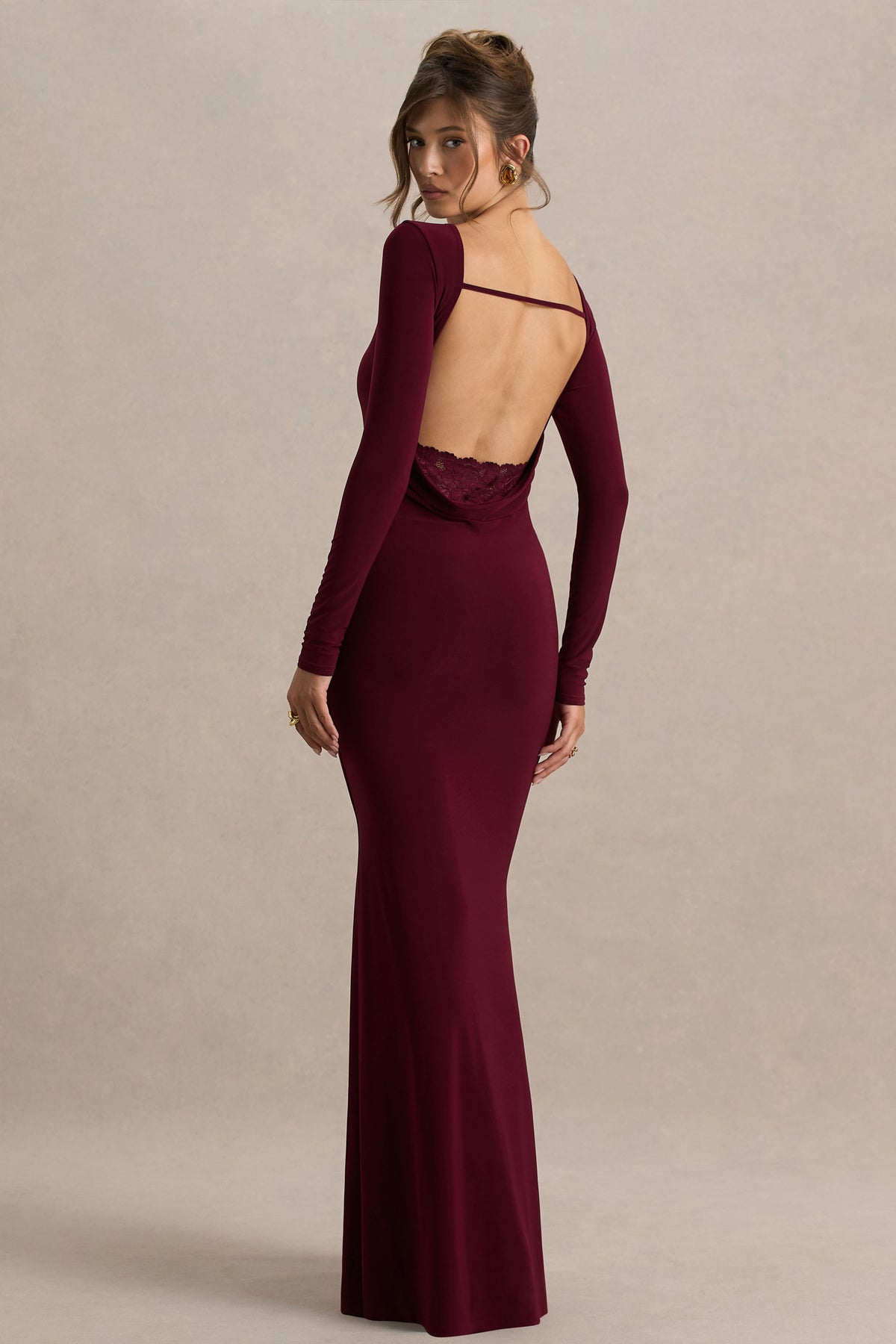Estelle Burgundy Boat-Neck Maxi Dress With Open-Back And Lace Detail Club L London - USA Estelle Burgundy Boat-Neck Maxi Dress With Open-Back And Lace Detail Club L London - USA