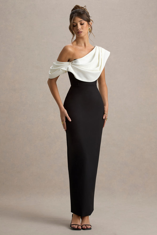 Angelina Black & White Draped Shoulder Maxi Dress  Club L London - USA