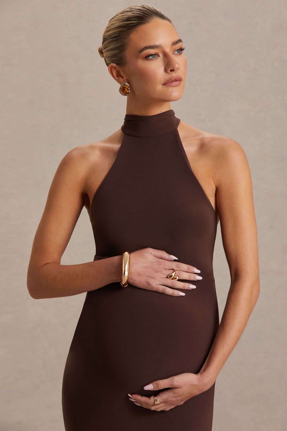 Mireille Brown Halter-Neck Maternity Midi Dress Club L London - USA Mireille Brown Halter-Neck Maternity Midi Dress Club L London - USA