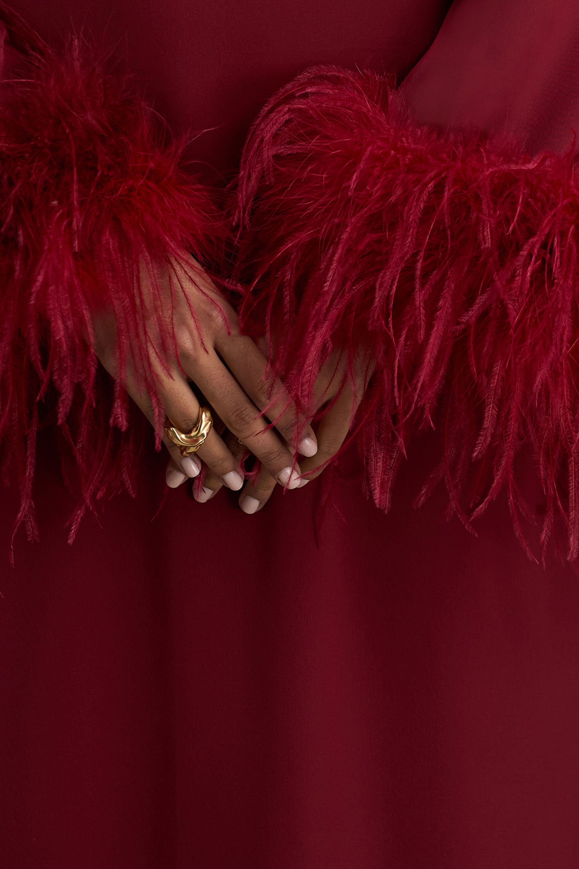 red dress feather trim Adella | Burgundy Satin Feather-Trim Maxi Dress
